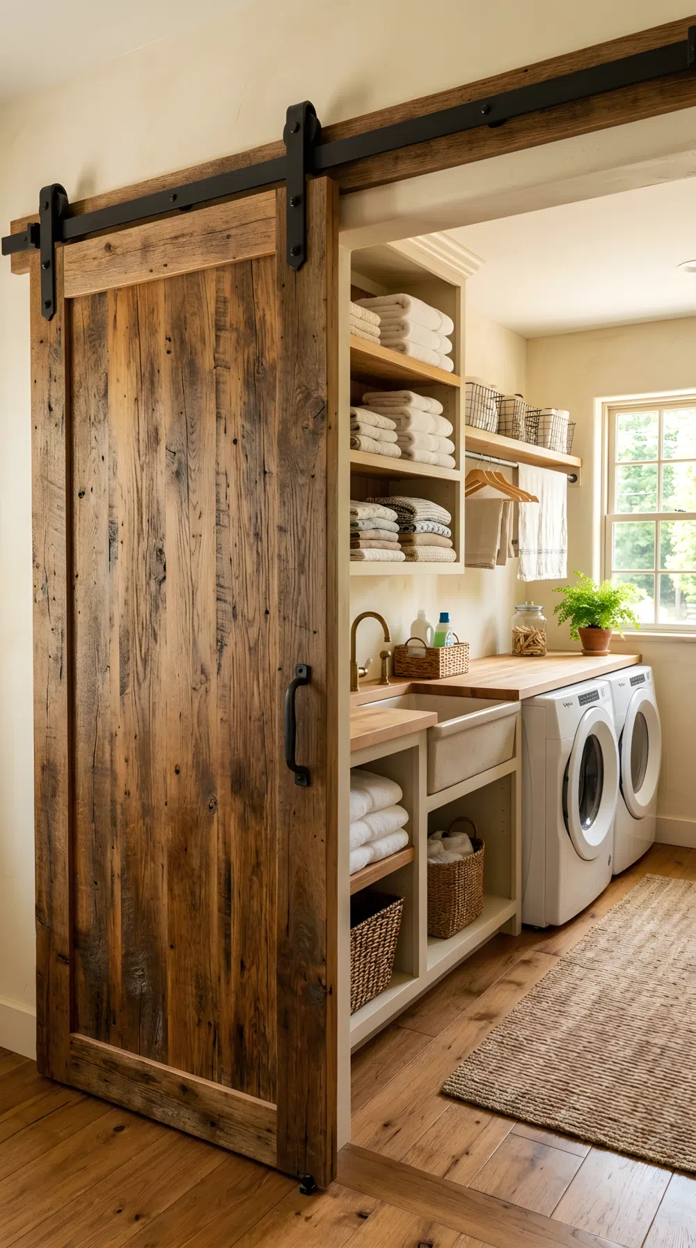Real-life photo of a rustic laundry room with a sliding barn door made of reclaimed wood planks and black iron hardware, neatly organized space behind it with folded laundry beautifully arranged, clean tidy floor, bright natural light streaming in, vibrant warm wood tones, realistic stock photography, no people.