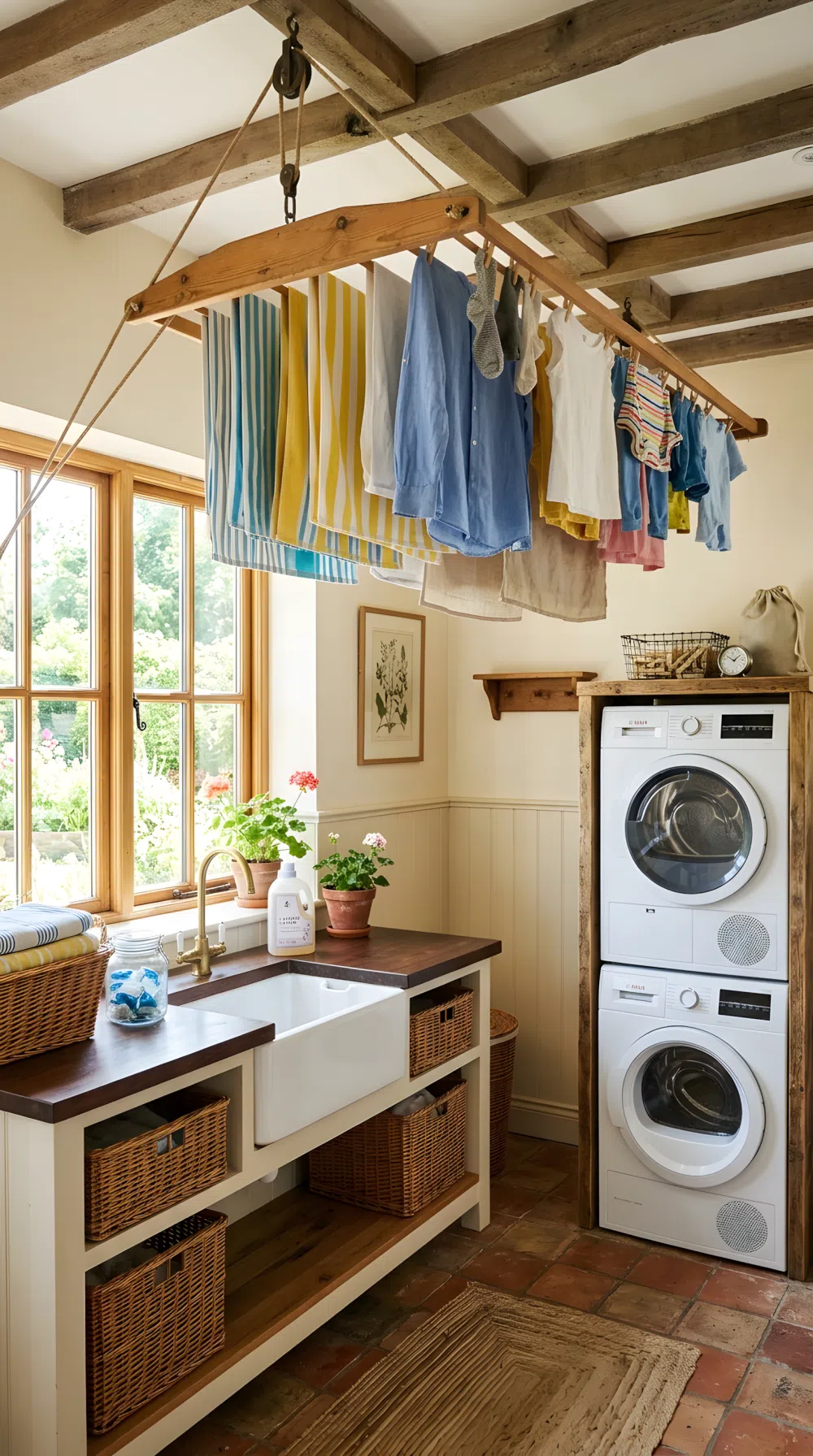 Real-life photo of a rustic laundry room with a wooden pulley drying rack hanging from the ceiling, neatly arranged clothes drying on it, clean and organized room below, bright natural light coming through a window illuminating the fabric, vibrant fresh color palette, realistic photography, no people.