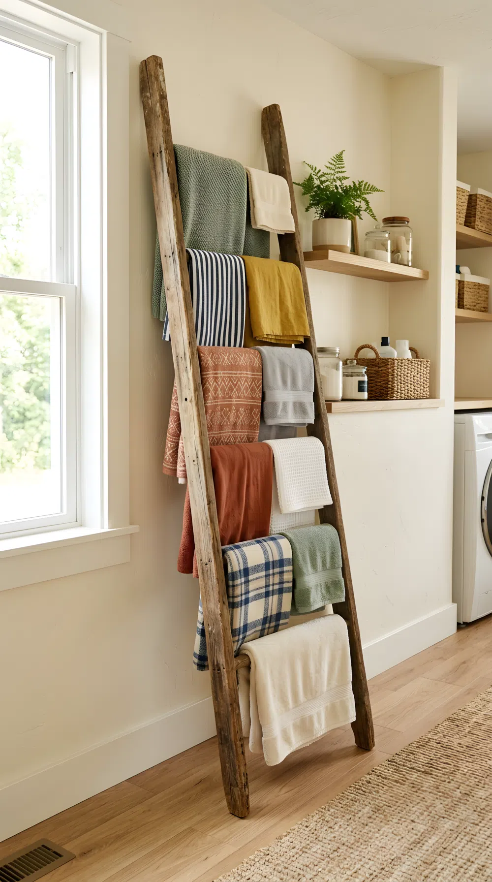 Real-life photo of an antique wooden ladder leaning against a laundry room wall, neatly folded towels and blankets beautifully arranged over each rung, clean tidy floor beneath, bright natural light from a window highlighting the wood texture, vibrant cozy color palette, realistic stock photography, no people.