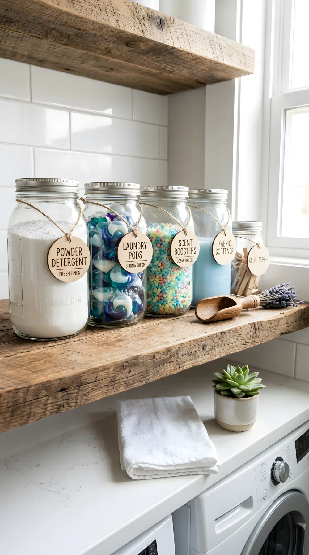 Real-life photo of a laundry room shelf with glass mason jars filled with detergent and pods, neatly labeled with wooden tags, beautifully arranged with a small wooden scoop beside them, clean organized countertop, bright natural light highlighting the glass jars, vibrant fresh colors, realistic photography, no people.