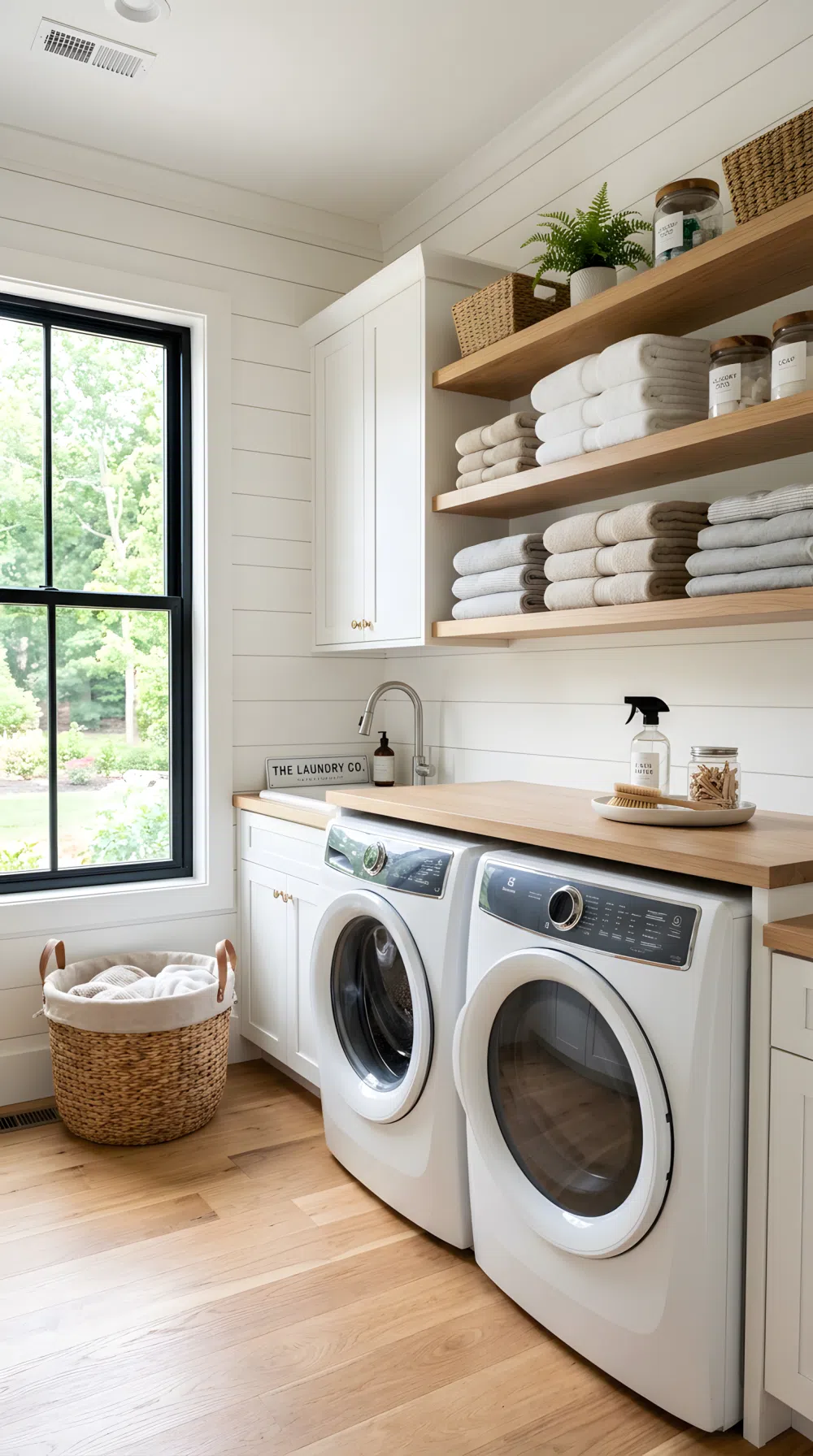 Real-life photo of a laundry room with a soft white shiplap accent wall behind the washer and dryer, neatly organized open shelves nearby with folded towels beautifully arranged, clean bright room, natural light streaming in through a window highlighting the wood grain texture, vibrant fresh tones, realistic stock photography, no people.