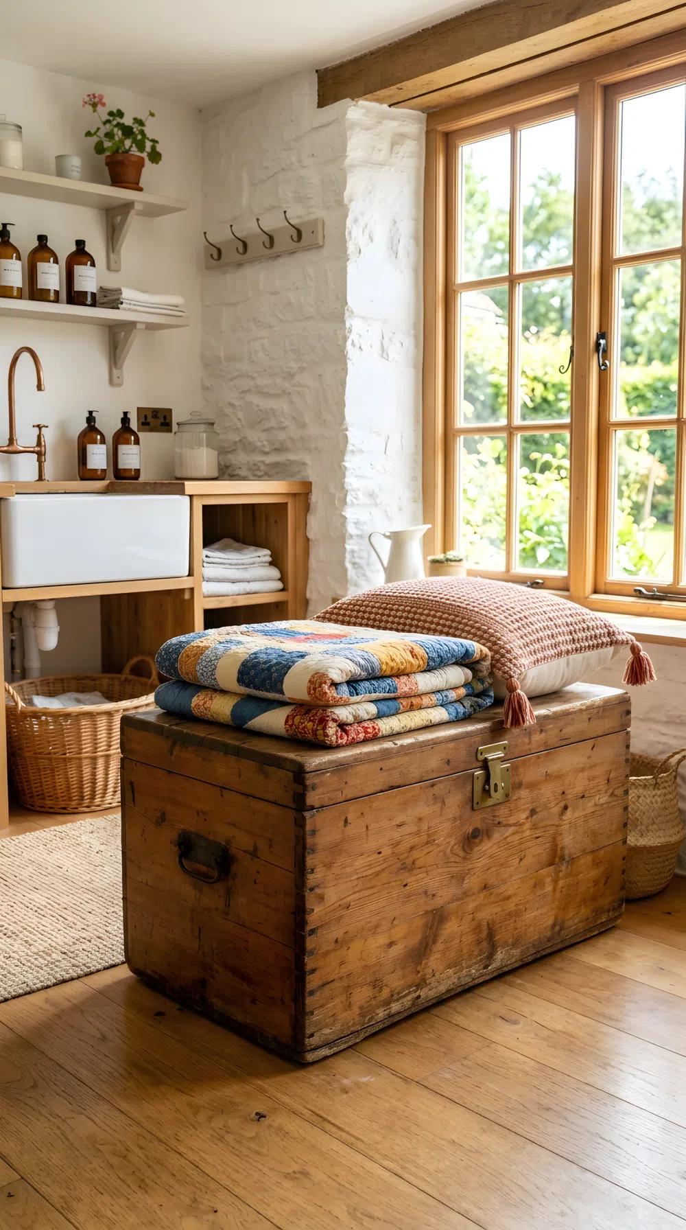 Real-life photo of an antique wooden trunk in a rustic laundry room, neatly topped with a folded quilt and woven cushion beautifully arranged, clean tidy floor around it, bright natural light from a nearby window, vibrant warm color palette, realistic stock photography, no people.