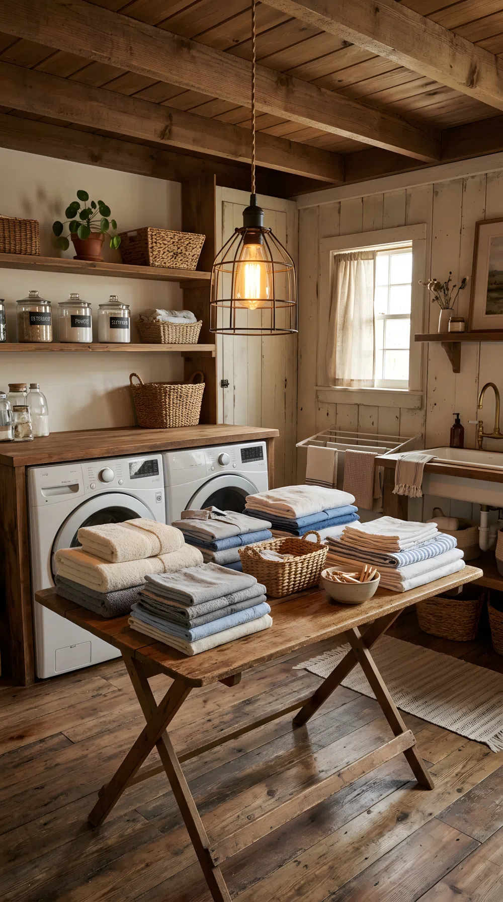 Real-life photo of a rustic laundry room with a black wire cage pendant light hanging directly above a wooden folding table, neatly folded laundry beautifully arranged on the table below, warm bulb glow casting even, bright light across the surface with no harsh shadows, clean organized room, vibrant warm tones, realistic photography, no people.
