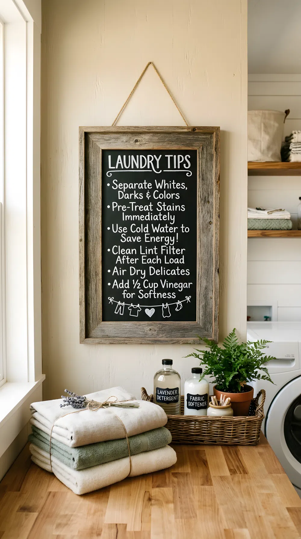 Real-life photo of a small chalkboard sign in a reclaimed wood frame hanging in a rustic laundry room, neatly handwritten laundry tips on it, beautifully arranged nearby folded towels, clean organized wall, bright natural light illuminating the chalkboard, vibrant warm tones, realistic stock photography, no people.