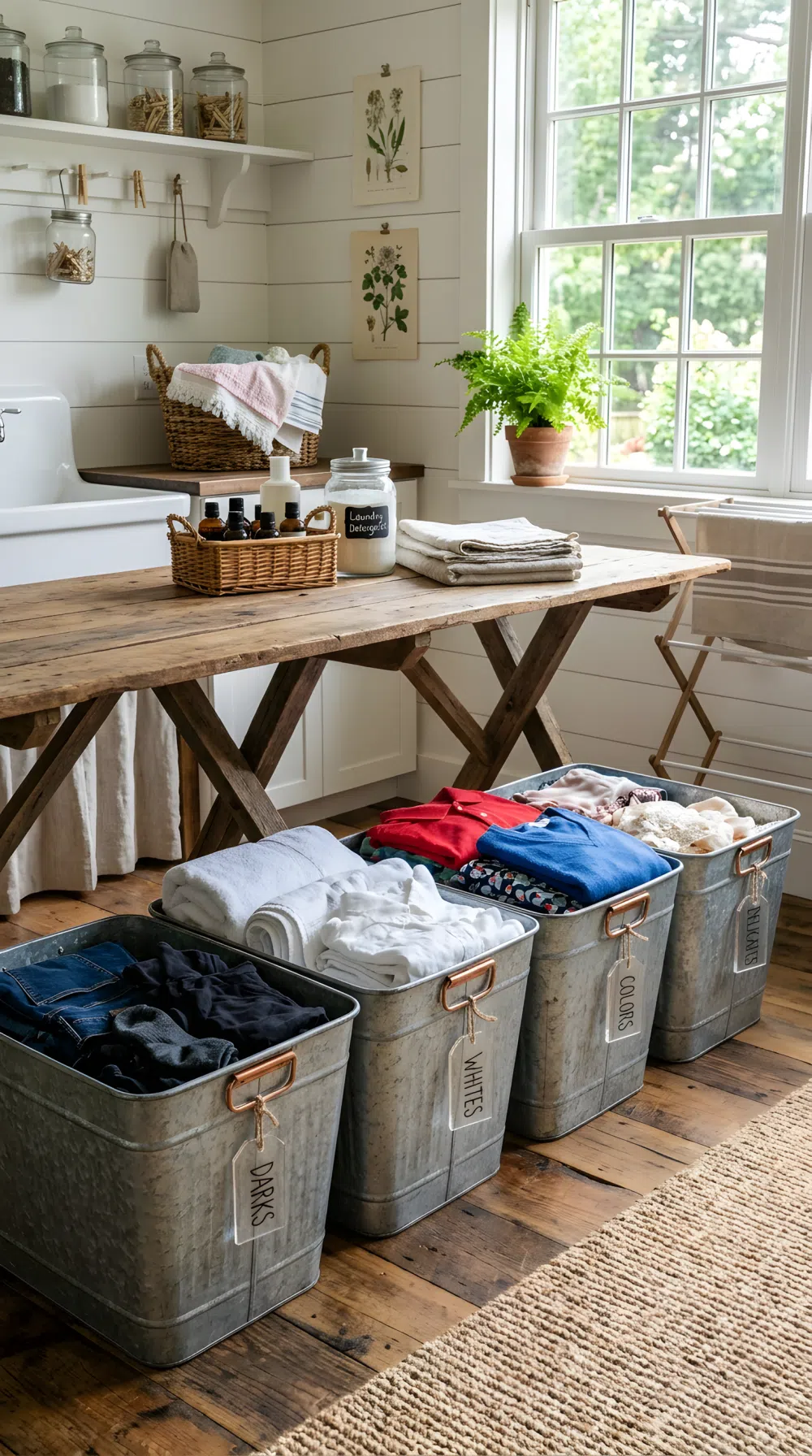 Real-life photo of galvanized metal laundry sorting bins lined up under a wooden folding table, neatly labeled and beautifully arranged with clothes inside, clean organized rustic laundry room, bright natural light streaming through a window, vibrant fresh color contrast, realistic photography, no people.