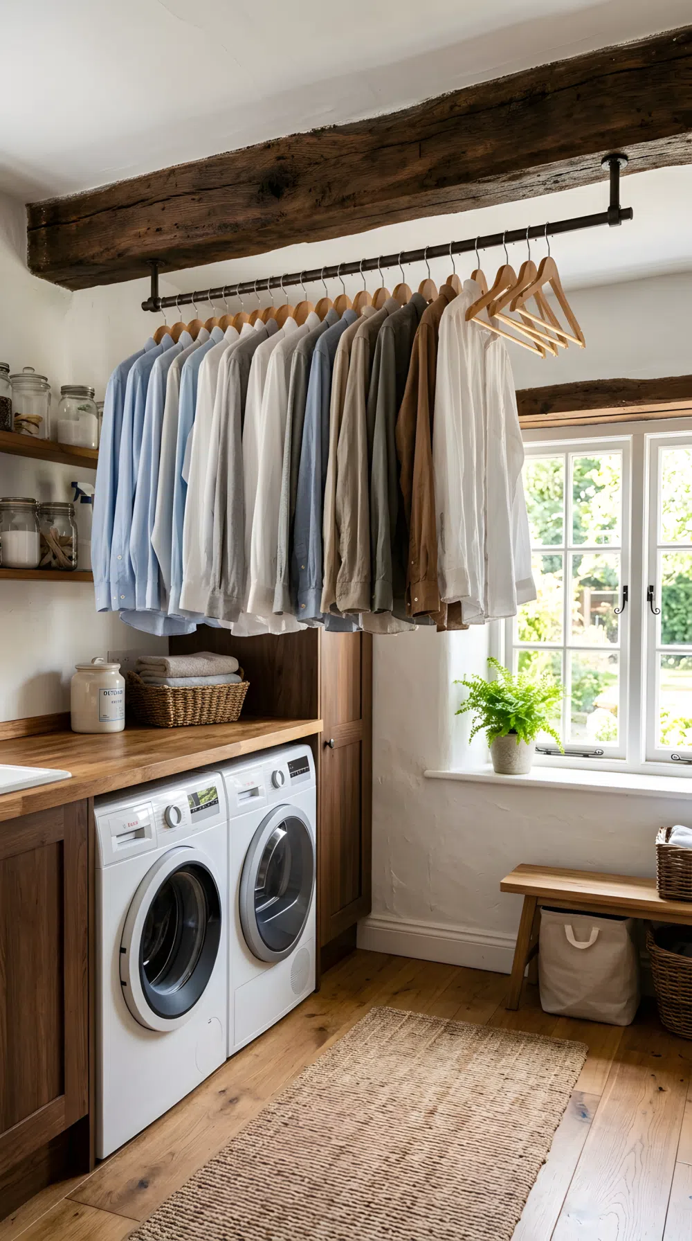 Real-life photo of an exposed wood beam with a hanging rod in a rustic laundry room, neatly hung shirts on wooden hangers beautifully arranged along the rail, clean tidy room below, bright natural light coming through a window highlighting the wood grain, vibrant warm tones, realistic stock photography, no people.