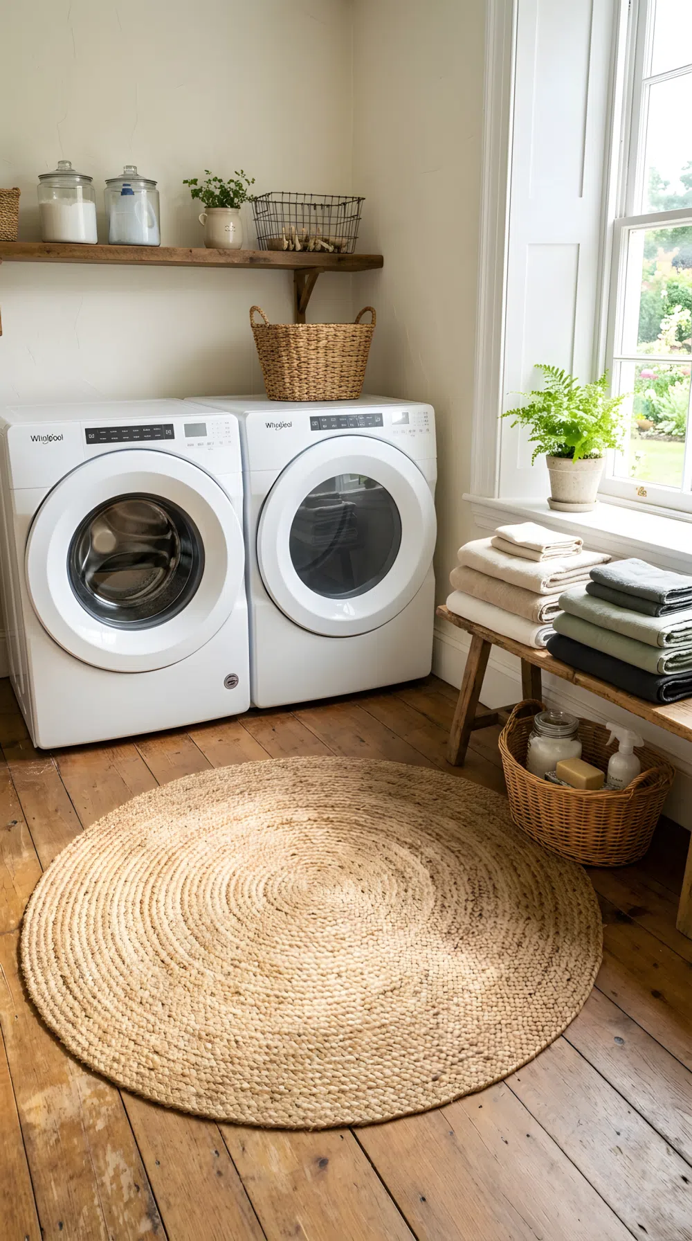 Real-life photo of a braided jute rug on the floor of a rustic laundry room in front of a washer and dryer, neatly arranged folded towels nearby beautifully styled, clean tidy space, bright natural light streaming across the rug texture, vibrant natural color palette, realistic stock photography, no people.