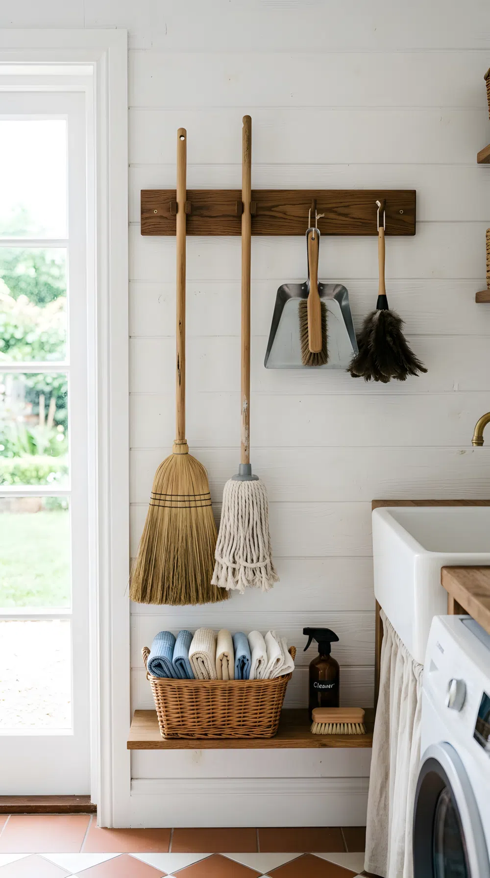 Real-life photo of a wooden wall-mounted rack holding a broom, mop, and dustpan in a rustic laundry room, neatly organized with a small basket of cleaning rags beautifully arranged underneath, clean tidy wall, bright natural light illuminating the tools, vibrant fresh tones, realistic stock photography, no people.
