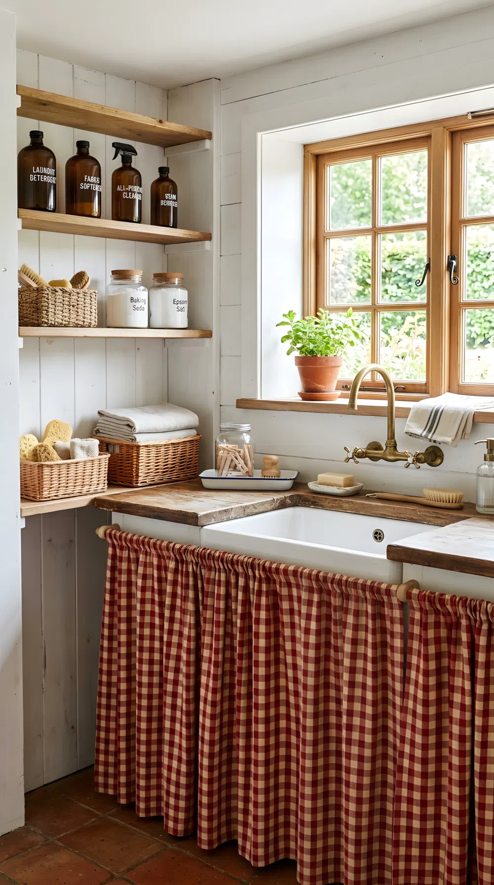 Real-life photo of a rustic laundry room sink with a gathered checked fabric curtain hiding the pipes underneath, neatly arranged cleaning supplies visible nearby beautifully organized, clean tidy space, bright natural light from a window, vibrant warm color palette, realistic stock photography, no people.
