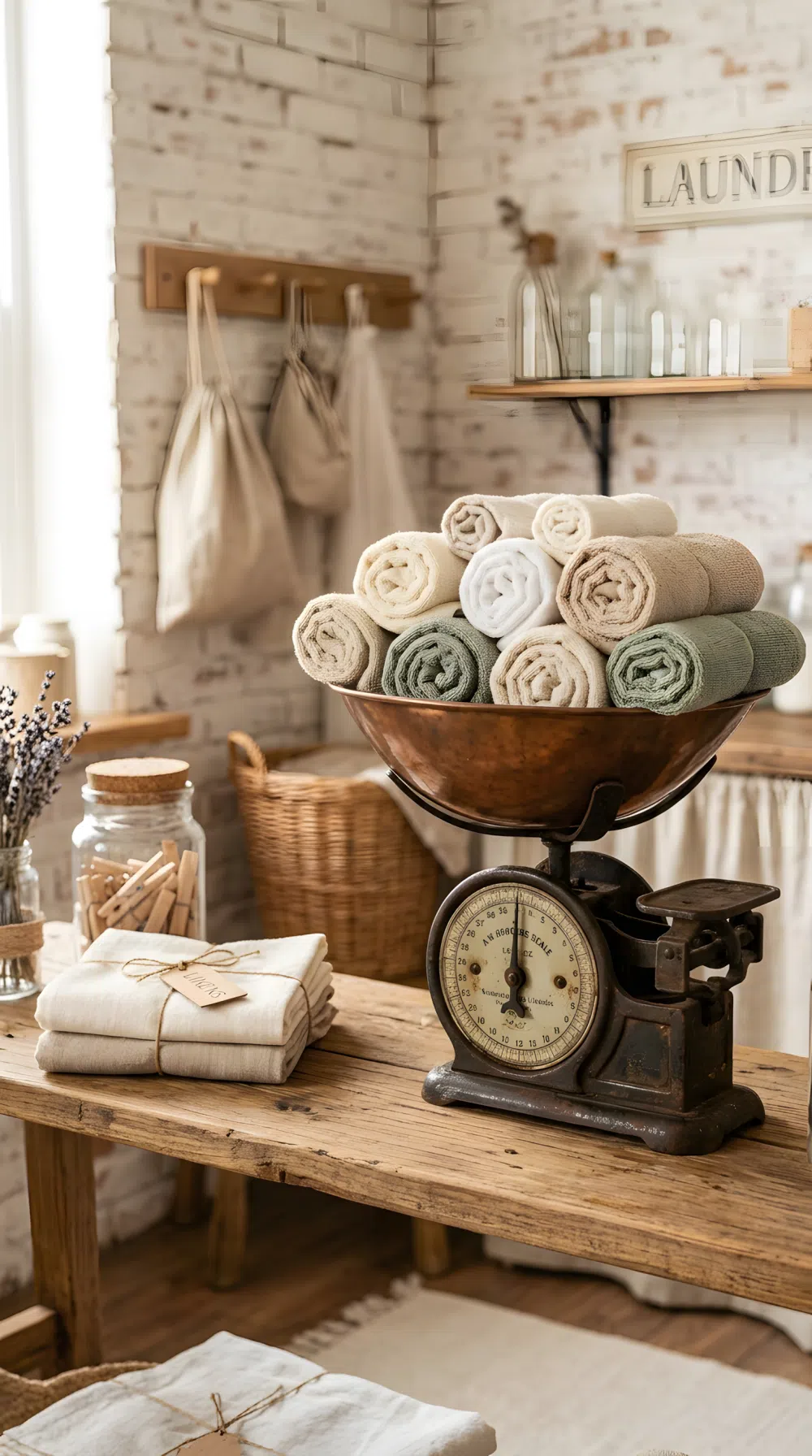 Real-life photo of a vintage metal scale on a wooden shelf in a rustic laundry room, neatly filled with rolled washcloths beautifully arranged inside the bowl, clean organized shelf styling nearby, bright natural light highlighting the metal texture, vibrant warm tones, realistic stock photography, no people.