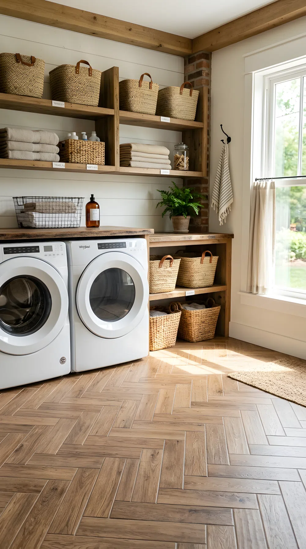 Real-life photo of herringbone wood-look tile flooring in a rustic laundry room with a washer and dryer nearby, neatly organized shelving above beautifully arranged with baskets, clean tidy space, bright natural light streaming across the floor pattern, vibrant warm tones, realistic stock photography, no people.