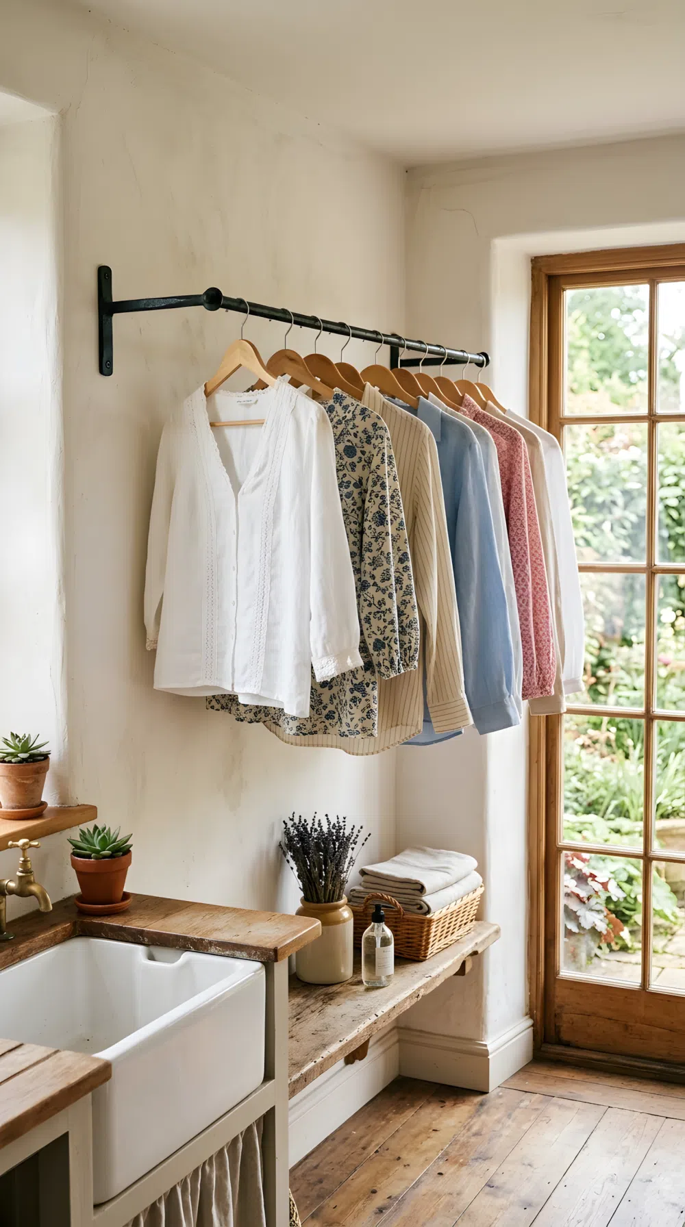 Real-life photo of a black wall-mounted iron rod in a rustic laundry room with delicate blouses hanging neatly and beautifully arranged, clean tidy wall space, bright natural light coming through a nearby window helping the fabric dry, vibrant fresh tones, realistic stock photography, no people.