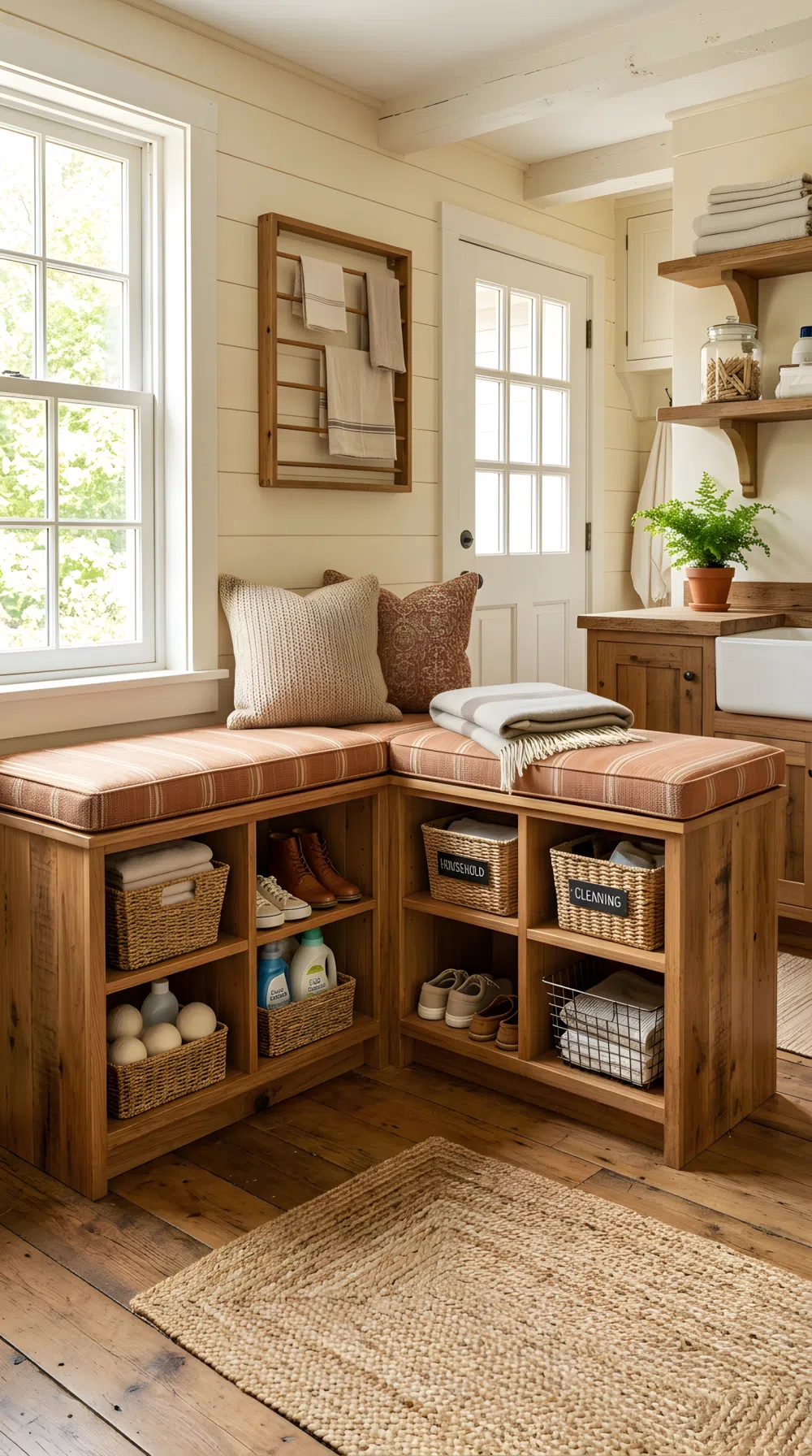 Real-life photo of a built-in wooden corner bench with storage cubbies in a rustic laundry room, neatly arranged shoes and baskets inside beautifully organized, cushioned seat on top, clean tidy corner, bright natural light filling the space, vibrant warm tones, realistic stock photography, no people.