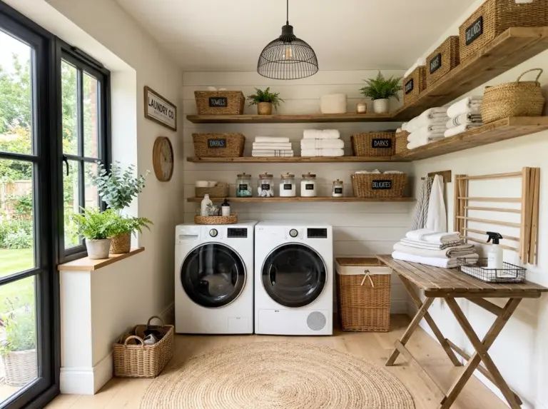Real-life photo of a complete rustic laundry room, neatly organized with reclaimed wood shelving, woven baskets, folded towels beautifully arranged, a wooden folding table, and a black wire pendant light overhead, clean tidy floor with a braided jute rug, bright natural light streaming through a nearby window, vibrant warm color palette, shiplap accent wall in the background, realistic stock photography, wide shot, no people.
