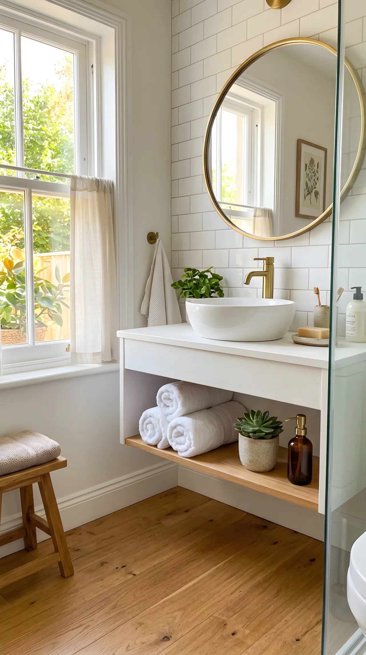 Real-life photo of a small bathroom with a floating white wood vanity, open shelving neatly arranged with rolled white towels, a small green plant, and a woven basket, beautifully arranged, organized, clean, bright natural light streaming in from a window, vibrant warm tones, shot on a phone camera, Pinterest-style stock photo, no illustration.