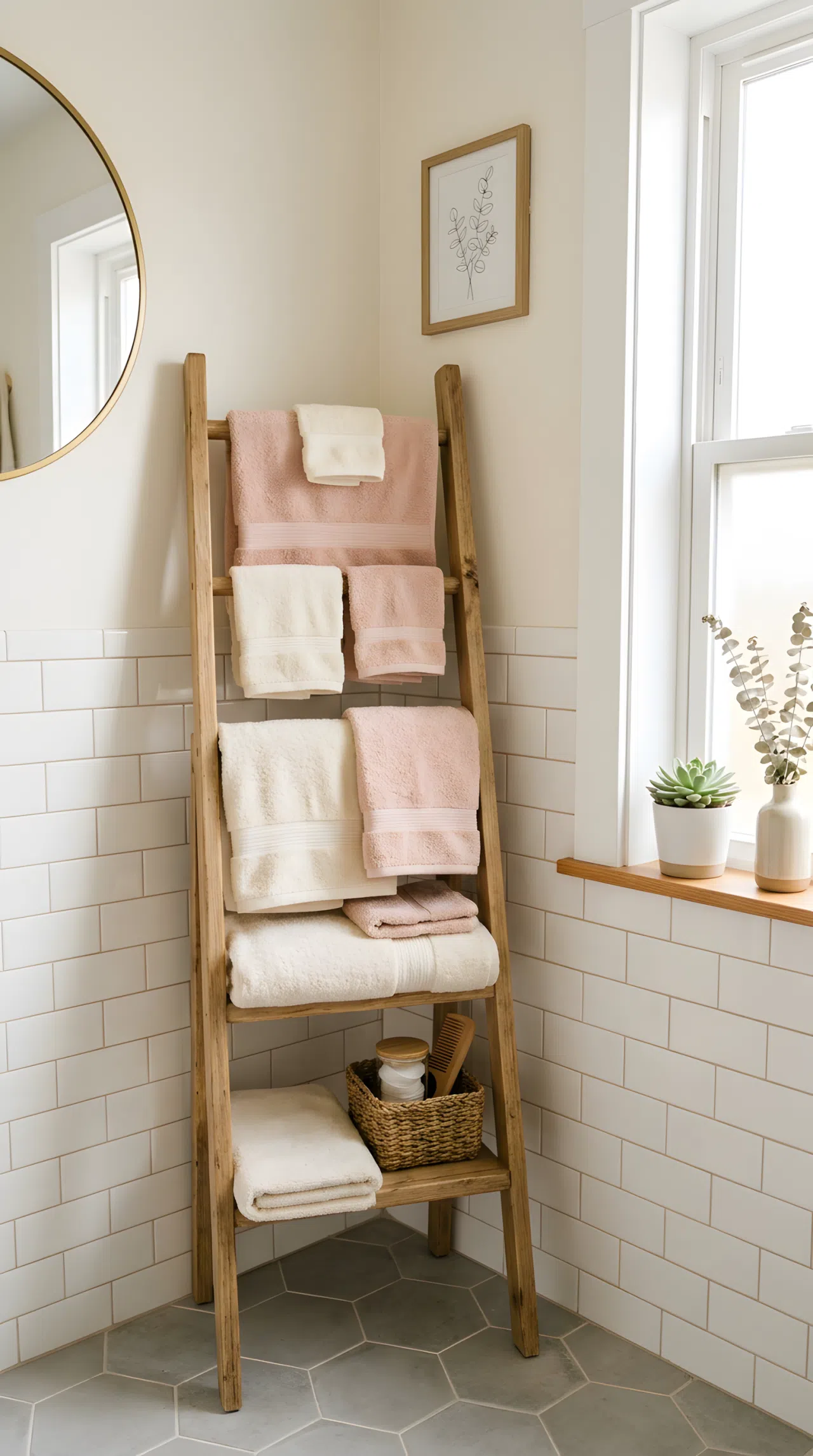 Real-life photo of a small bathroom corner with a wooden ladder shelf, neatly folded fluffy towels in soft cream and blush tones draped over each rung, beautifully arranged, organized, clean, bright natural light from a nearby window, vibrant cozy colors, stock photography style, no illustration.