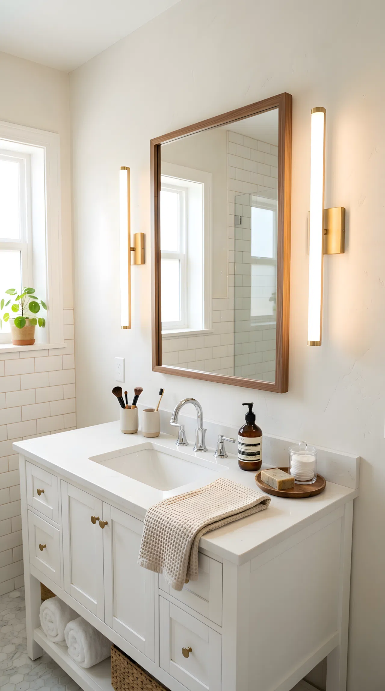 Real-life photo of a small bathroom mirror with two slim vertical light fixtures mounted at eye level on each side, warm even light gently illuminating the face area with no harsh overhead shadows, neatly made vanity below, beautifully arranged, organized, clean, bright natural light blending with the side lighting, vibrant tones, stock photography, no illustration.