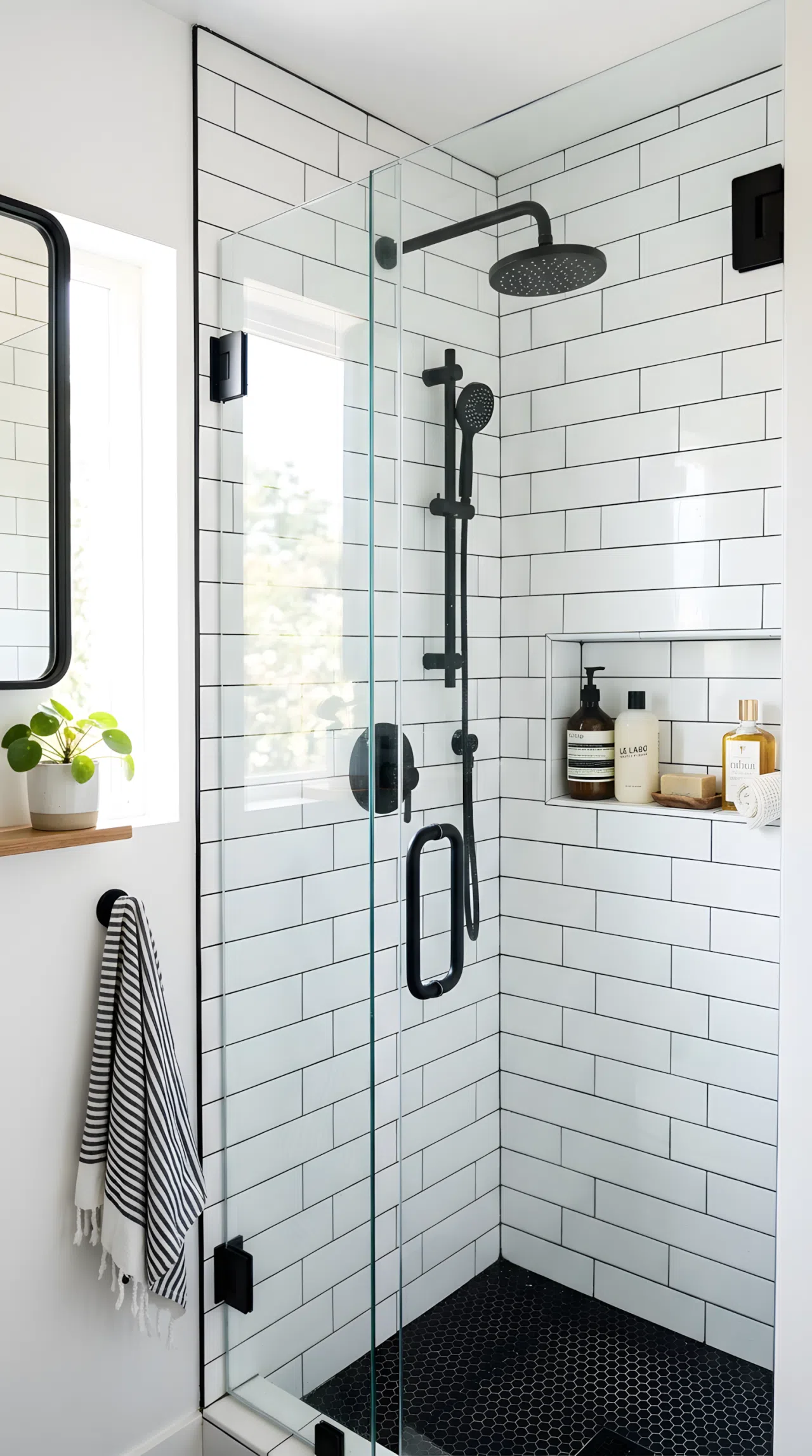 Real-life photo of a small bathroom corner shower with a slim frameless glass panel and matte black hardware, neatly arranged shower essentials on a small shelf, beautifully arranged, organized, clean, bright natural light flooding through the glass, vibrant white and black tones, stock photography, no illustration.