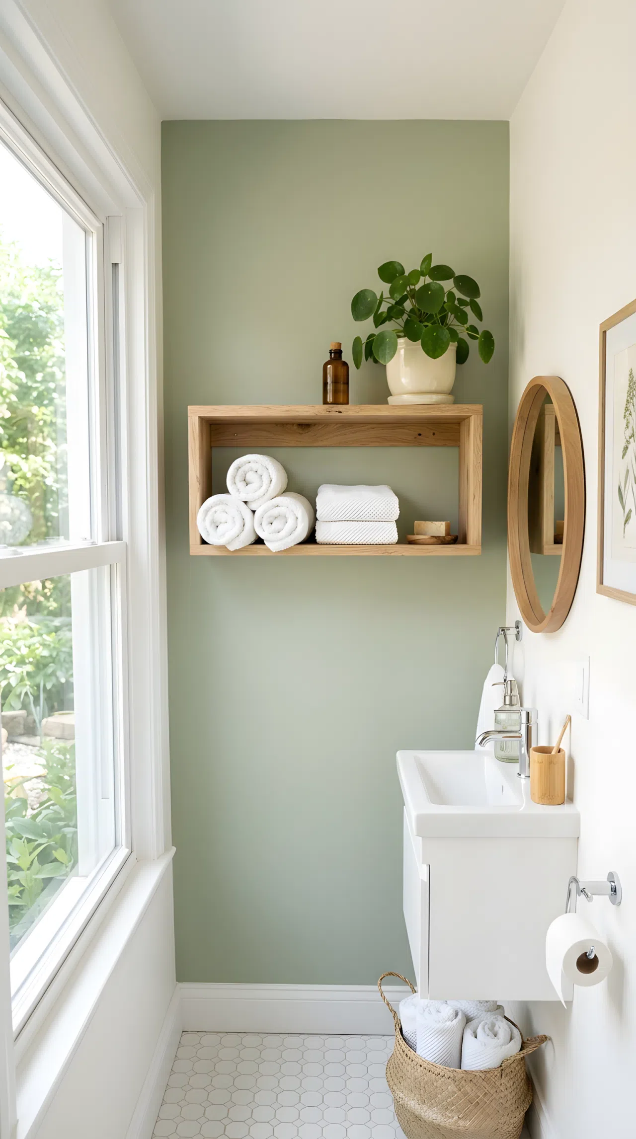 Real-life photo of a small bathroom accent wall painted in soft sage green (#B4C7A8), remaining walls in white (#FAFAF8), neatly arranged white towels and a small plant on an open shelf, beautifully arranged, organized, clean, bright natural light, vibrant fresh tones, stock photography, no illustration.
