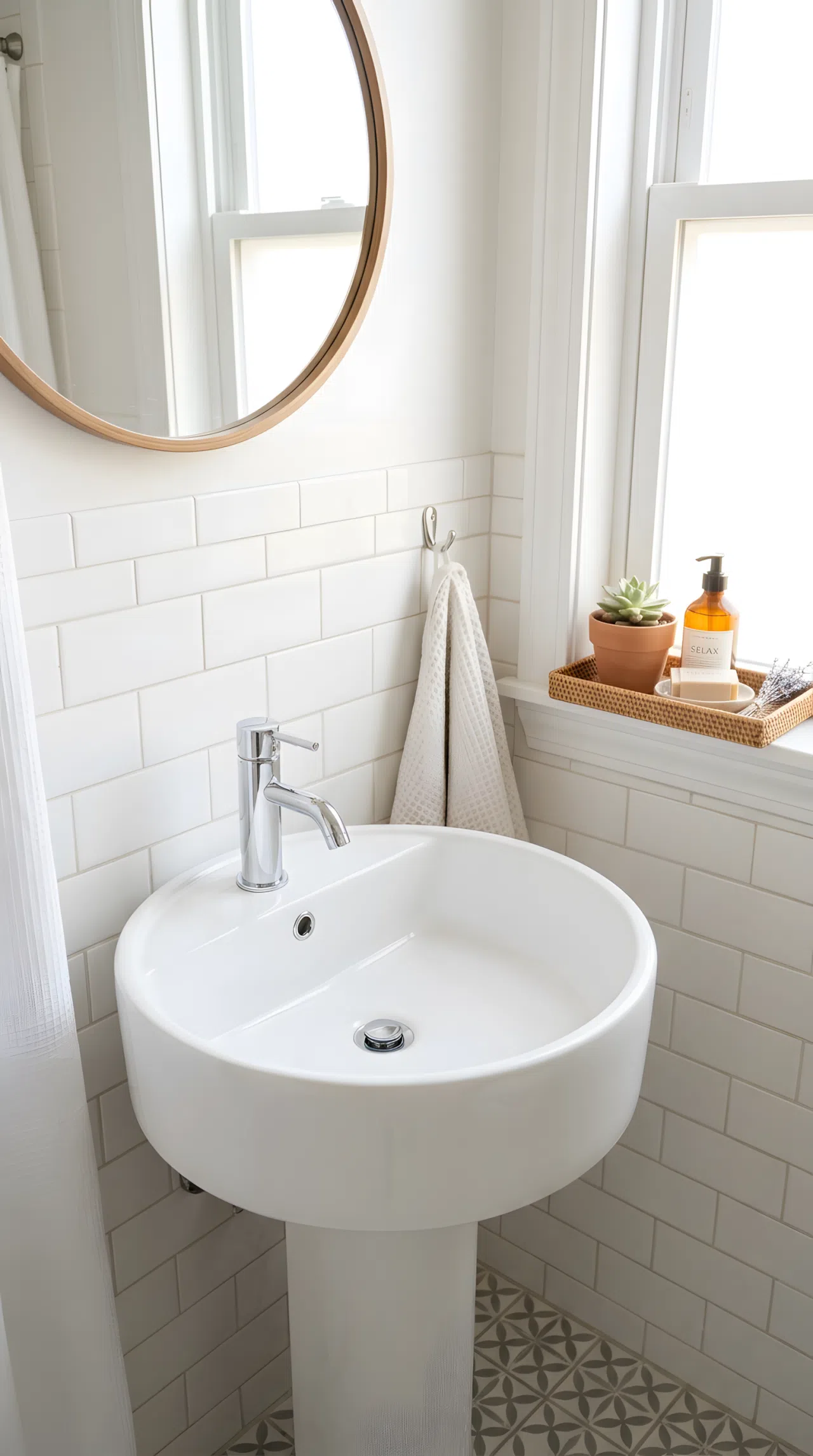 Real-life photo of a small bathroom with a round white pedestal sink, a woven tray holding soap and a folded hand towel on top, beautifully arranged, organized, clean, bright natural light from a nearby window, vibrant soft white tones, stock photography, no illustration.