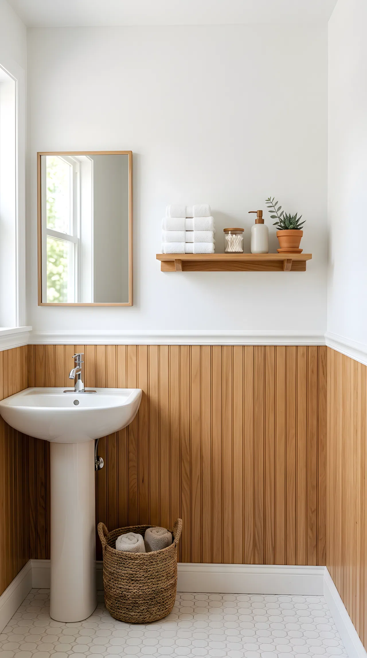 Real-life photo of a small bathroom with light natural wood vertical paneling halfway up the wall and crisp white paint above, neatly styled shelf with folded towels, beautifully arranged, organized, clean, bright natural light, vibrant warm wood tones, stock photography, no illustration.
