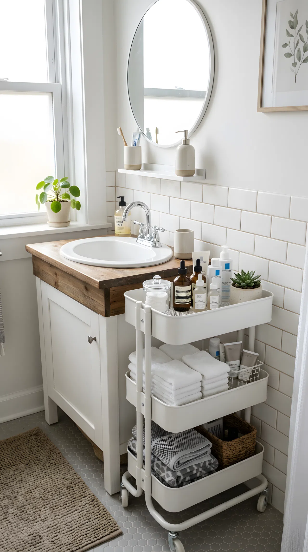 Real-life photo of a small bathroom with a slim white rolling cart tucked beside a sink, tiers neatly organized with skincare bottles and folded washcloths, beautifully arranged, organized, clean, bright natural light, vibrant fresh tones, stock photography, no illustration.