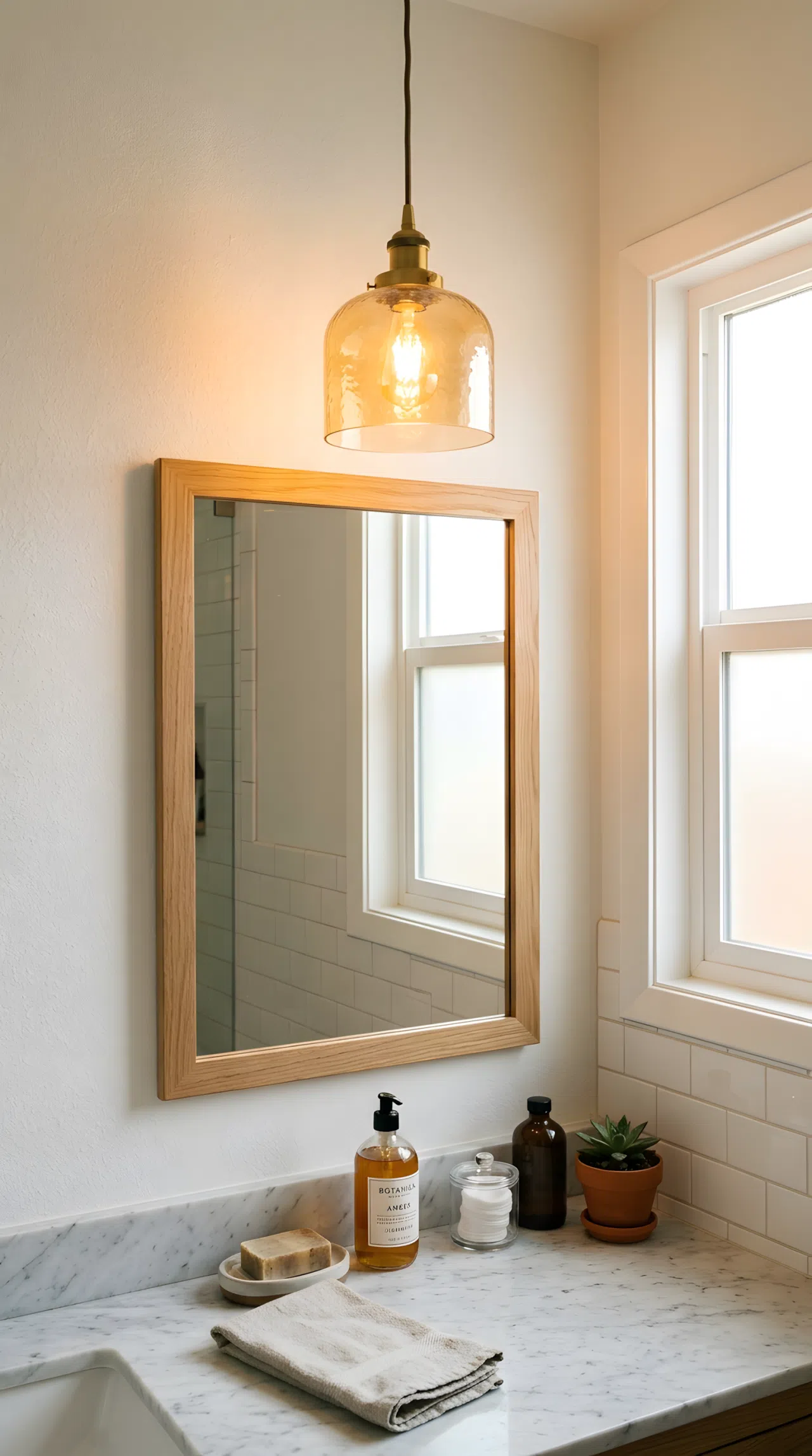 Real-life photo of a small bathroom mirror with a single warm-toned pendant light hanging centered slightly above it, soft golden light falling downward across the vanity below, beautifully arranged, organized, clean, bright natural light blending with the warm pendant glow, vibrant amber tones, stock photography, no illustration.