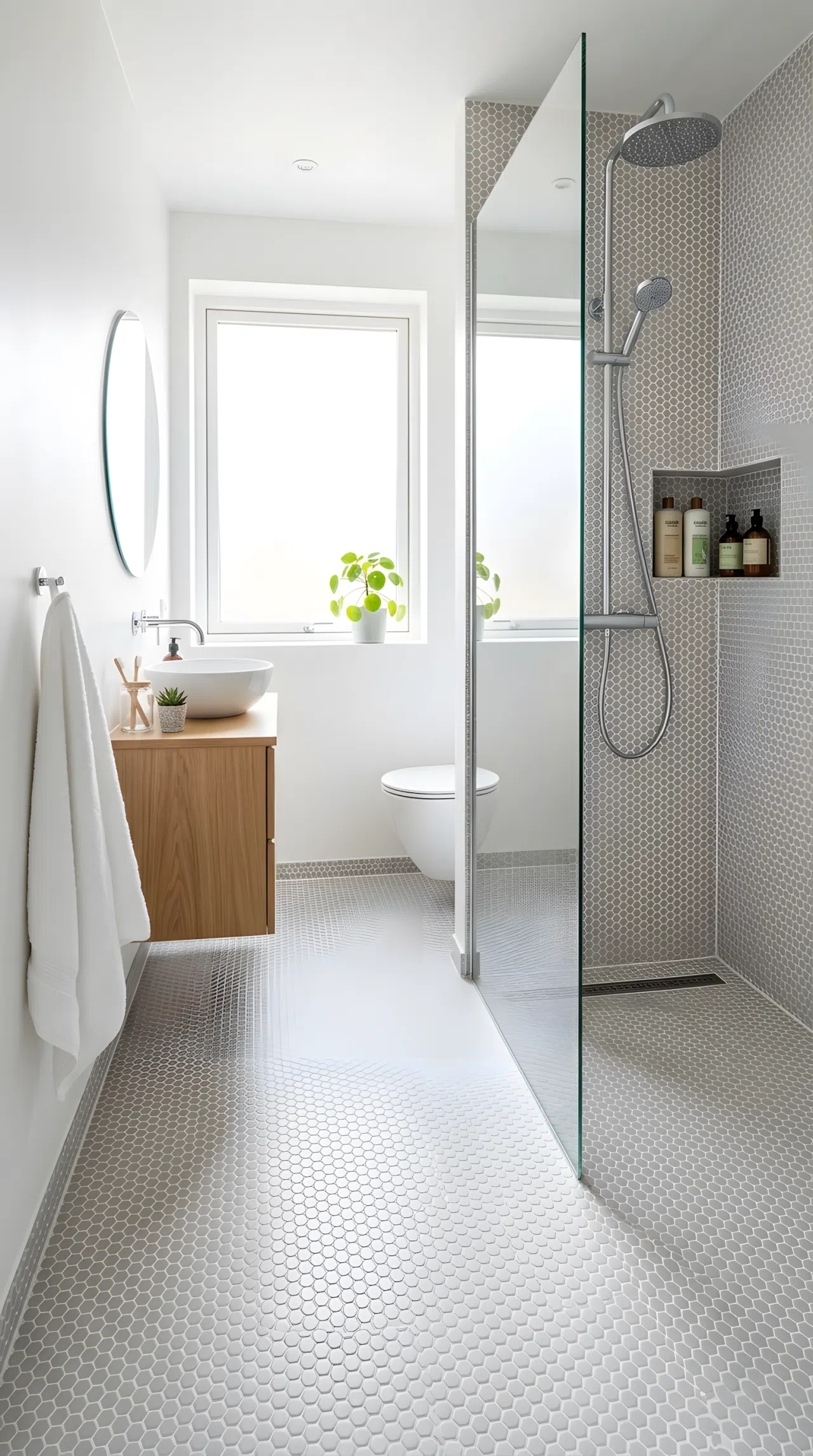 Real-life photo of a small bathroom mirror with a single warm-toned pendant light hanging centered slightly above it, soft golden light falling downward across the vanity below, beautifully arranged, organized, clean, bright natural light blending with the warm pendant glow, vibrant amber tones, stock photography, no illustration.