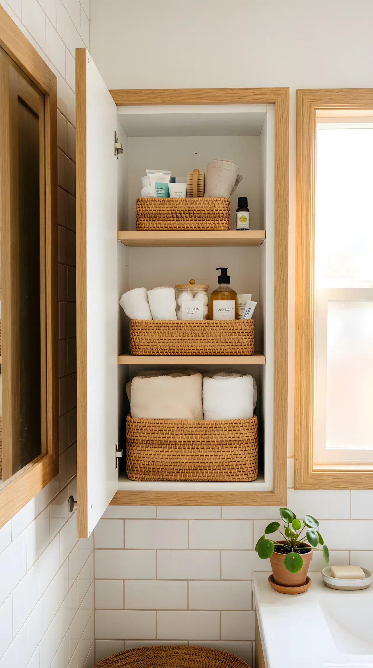 Real-life photo of a small bathroom cabinet open to reveal three neatly stacked woven baskets of graduated sizes holding towels and supplies, beautifully arranged, organized, clean, bright natural light, vibrant natural rattan tones, stock photography, no illustration.