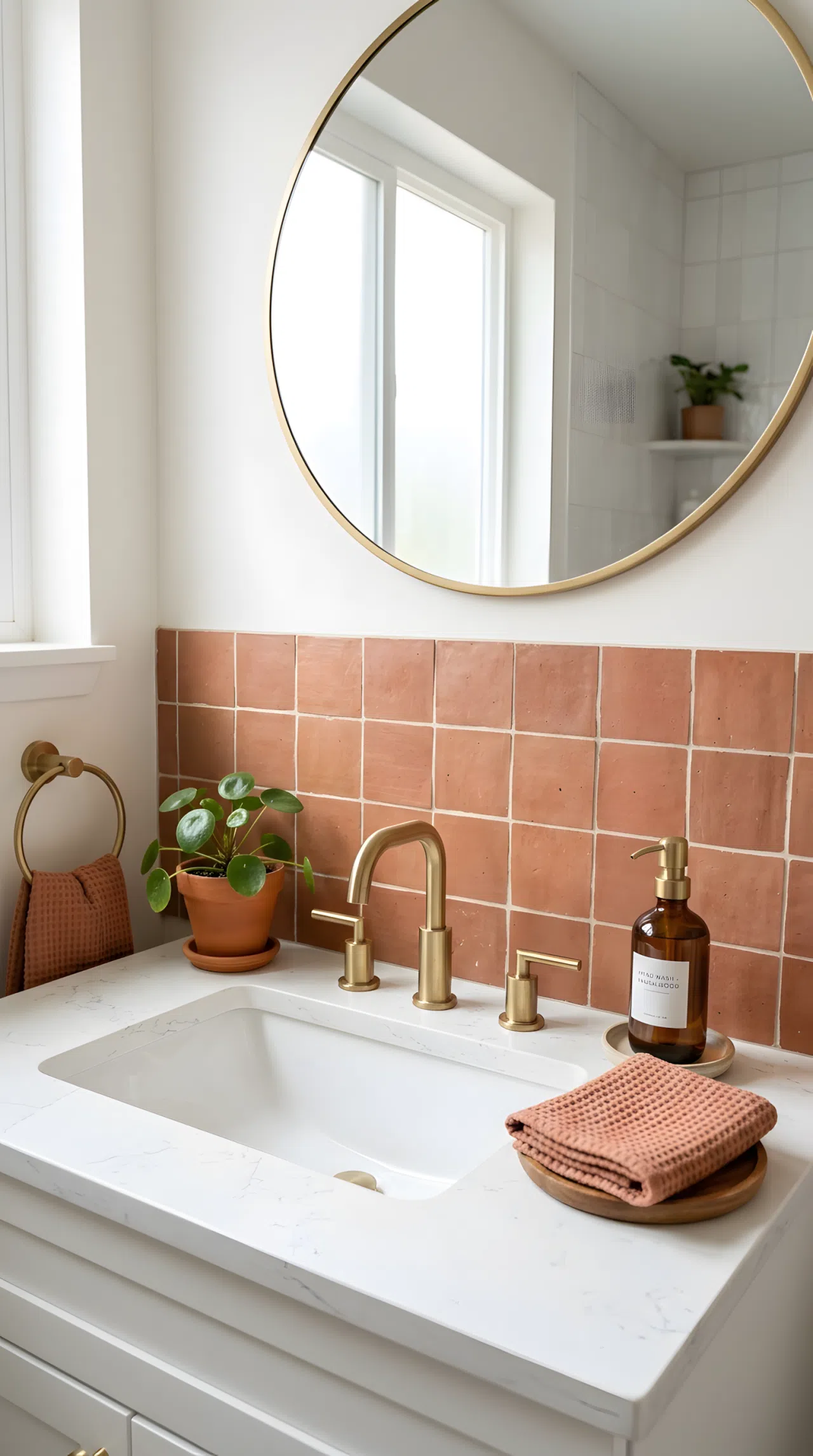 Real-life photo of a small bathroom sink backsplash in dusty terracotta tile (#C97B5A), surrounding walls in soft white (#F5F1EC), neatly arranged soap dispenser and folded hand towel on the counter, beautifully arranged, organized, clean, bright natural light, vibrant terracotta tones, stock photography, no illustration.