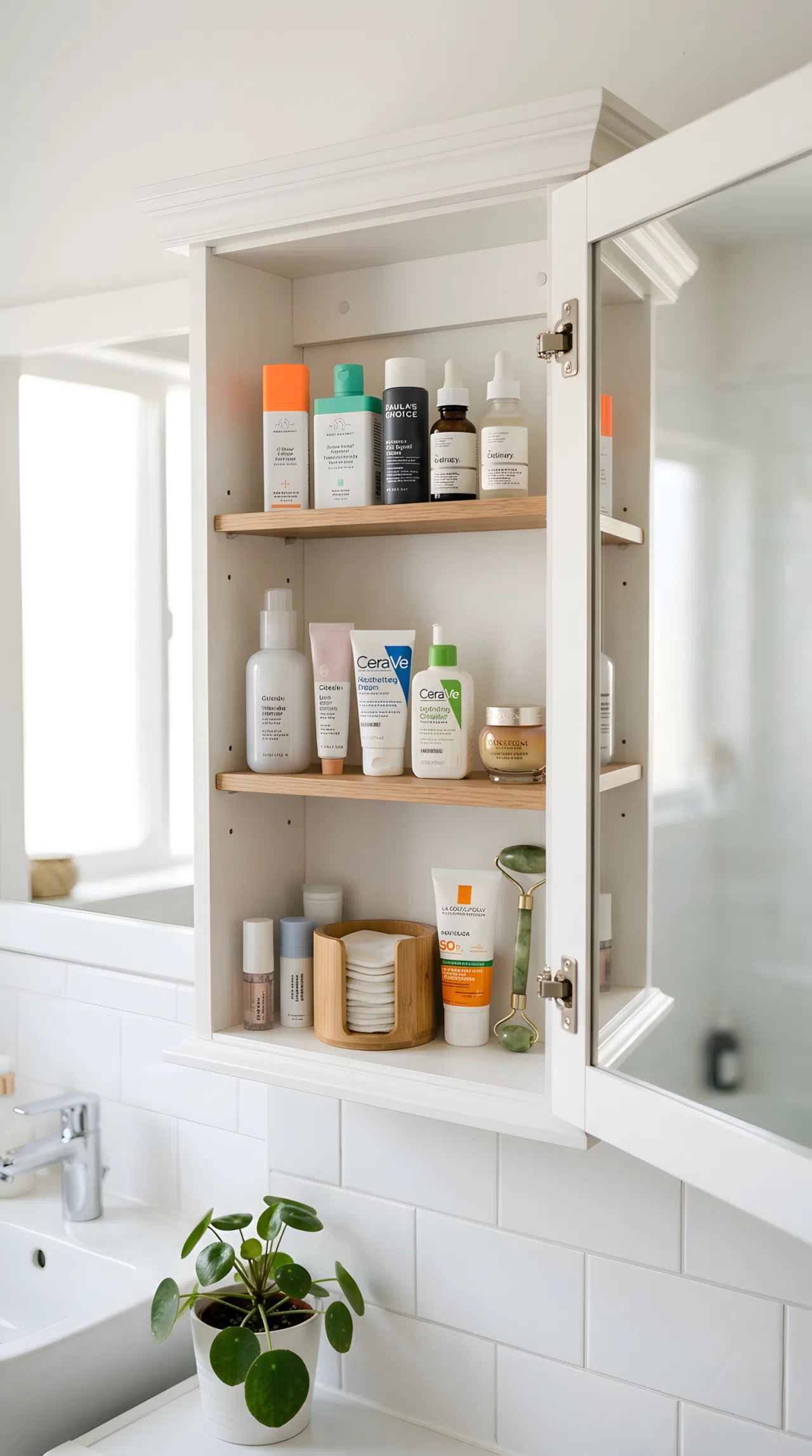 Real-life photo of a small bathroom mirror cabinet open to show neatly sorted skincare bottles and small containers on slim shelves, beautifully arranged, organized, clean, bright natural light reflecting off the mirror surface, vibrant soft white tones, stock photography, no illustration.