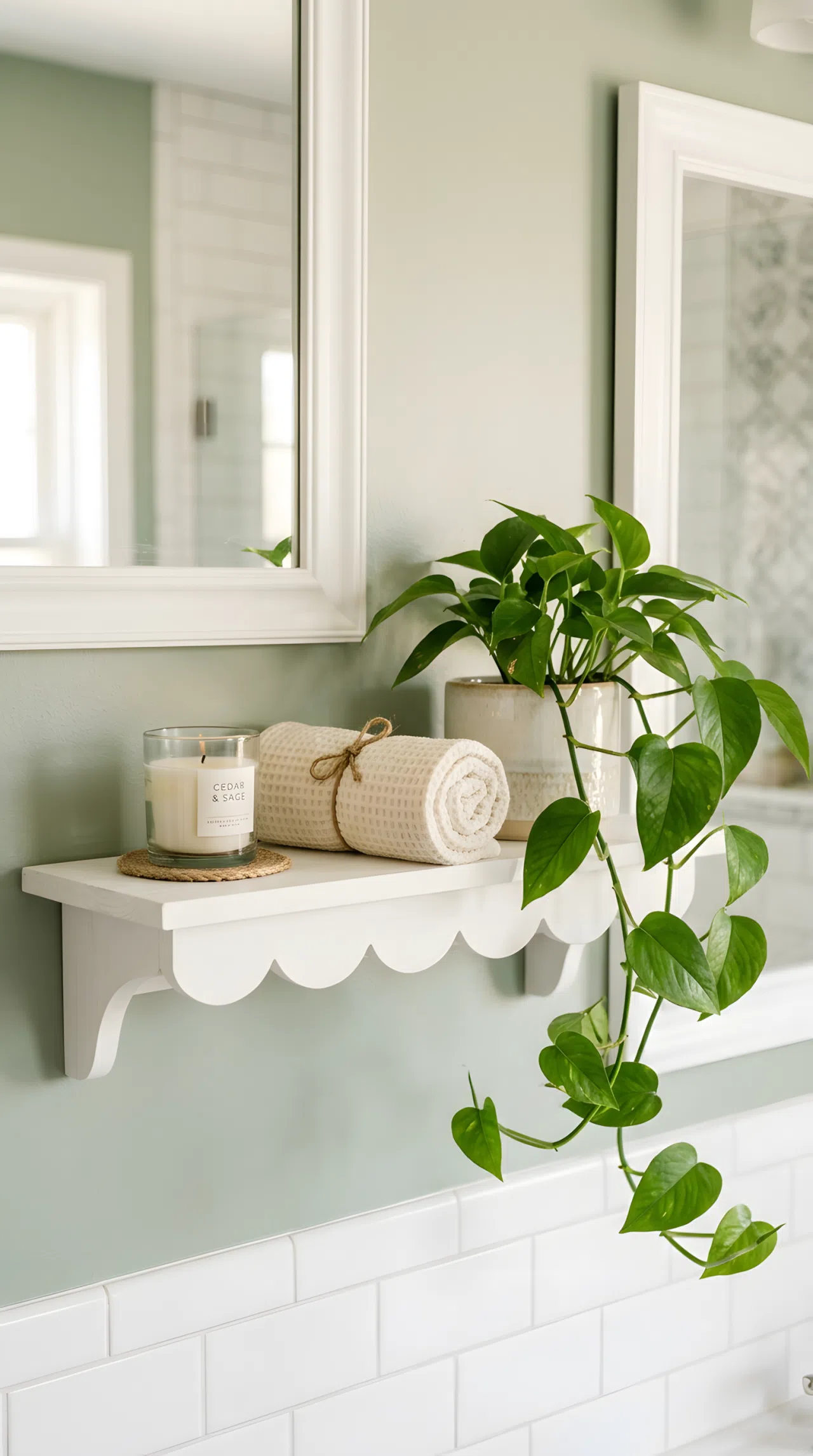 Real-life photo of a small bathroom floating shelf with a scalloped front edge, styled with a small candle, rolled hand towel, and trailing green plant, beautifully arranged, organized, clean, bright natural light, vibrant soft green and cream tones, stock photography, no illustration.