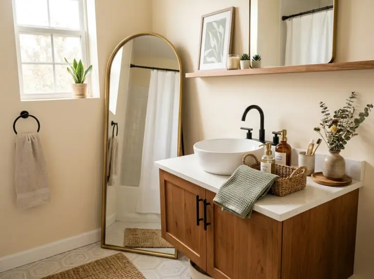 Real-life photo of a small apartment bathroom styled as a cohesive Pinterest-worthy vignette, featuring a leaning oversized framed mirror, a neatly arranged vanity with brass and matte black hardware, a folded linen towel and a small woven basket, soft warm tones with subtle sage green accents, beautifully arranged countertop styling, clean and organized overall look, bright natural light streaming in from a side window, vibrant fresh colors, shot in stock photography style, no illustration, no render.