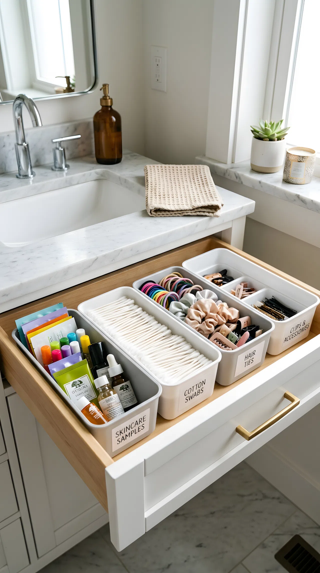A neatly organized bathroom drawer filled with labeled dollar store bins holding cotton swabs, hair ties, and skincare samples, beautifully arranged, clean, bright natural light streaming from a nearby window, real-life photography, vibrant colors, Pinterest-ready aesthetic.