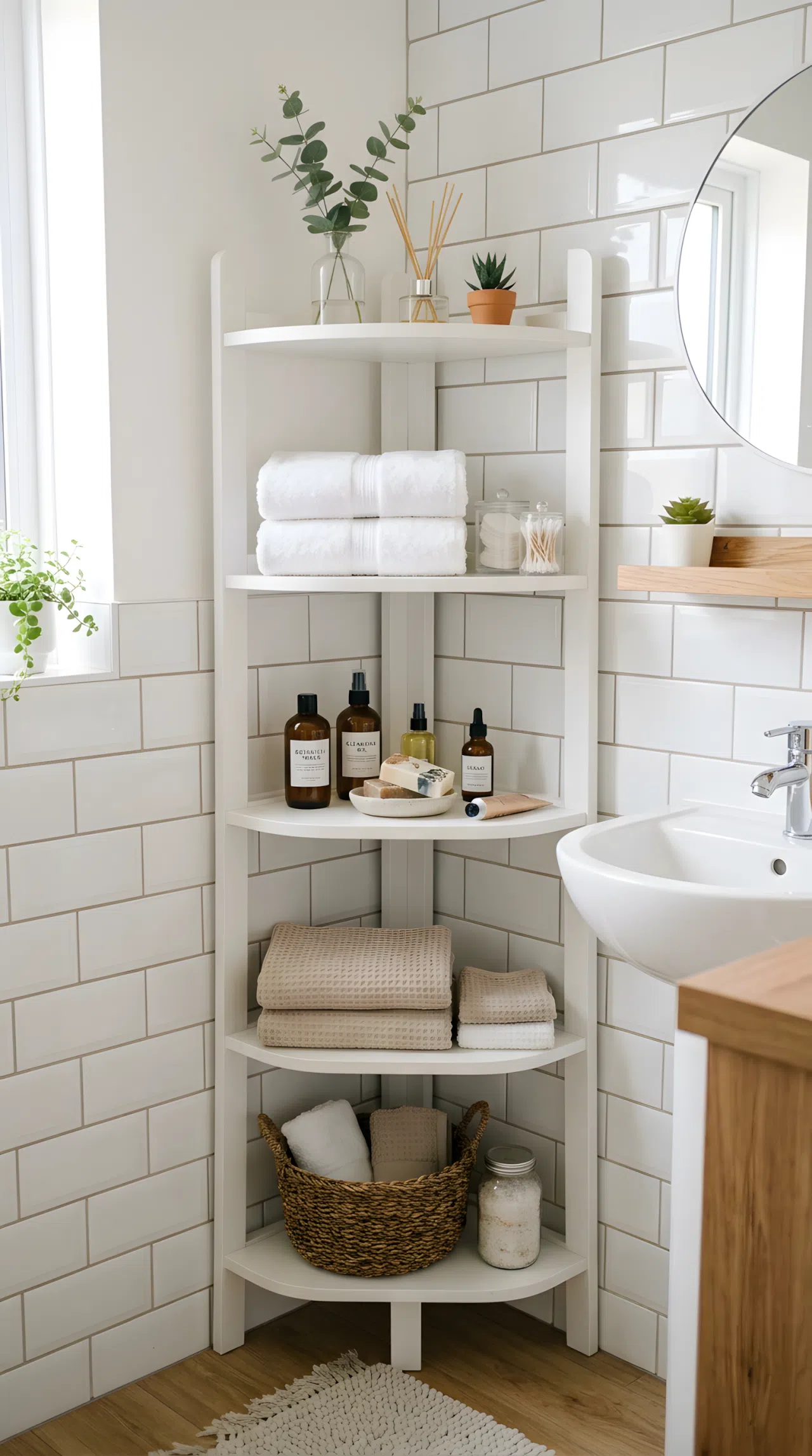 A slim corner etagere shelf unit in a small bathroom, holding neatly folded towels and skincare products, beautifully arranged, organized, clean, bright natural light, real-life photography, vibrant colors.