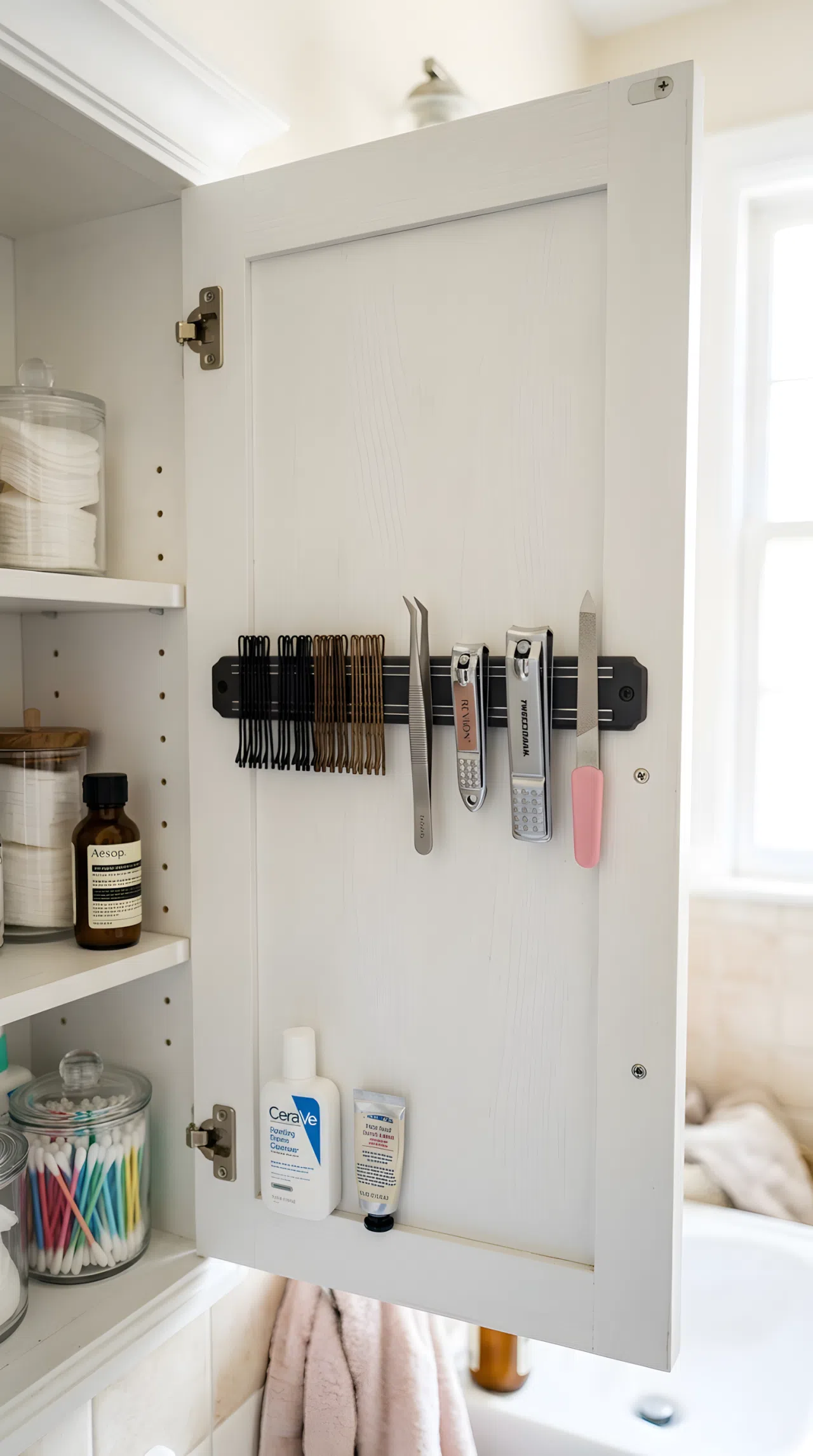 Inside a bathroom cabinet door, a magnetic strip holding bobby pins, tweezers, and nail clippers, neatly organized, clean, beautifully arranged, bright natural light, real-life photography, vibrant colors.
