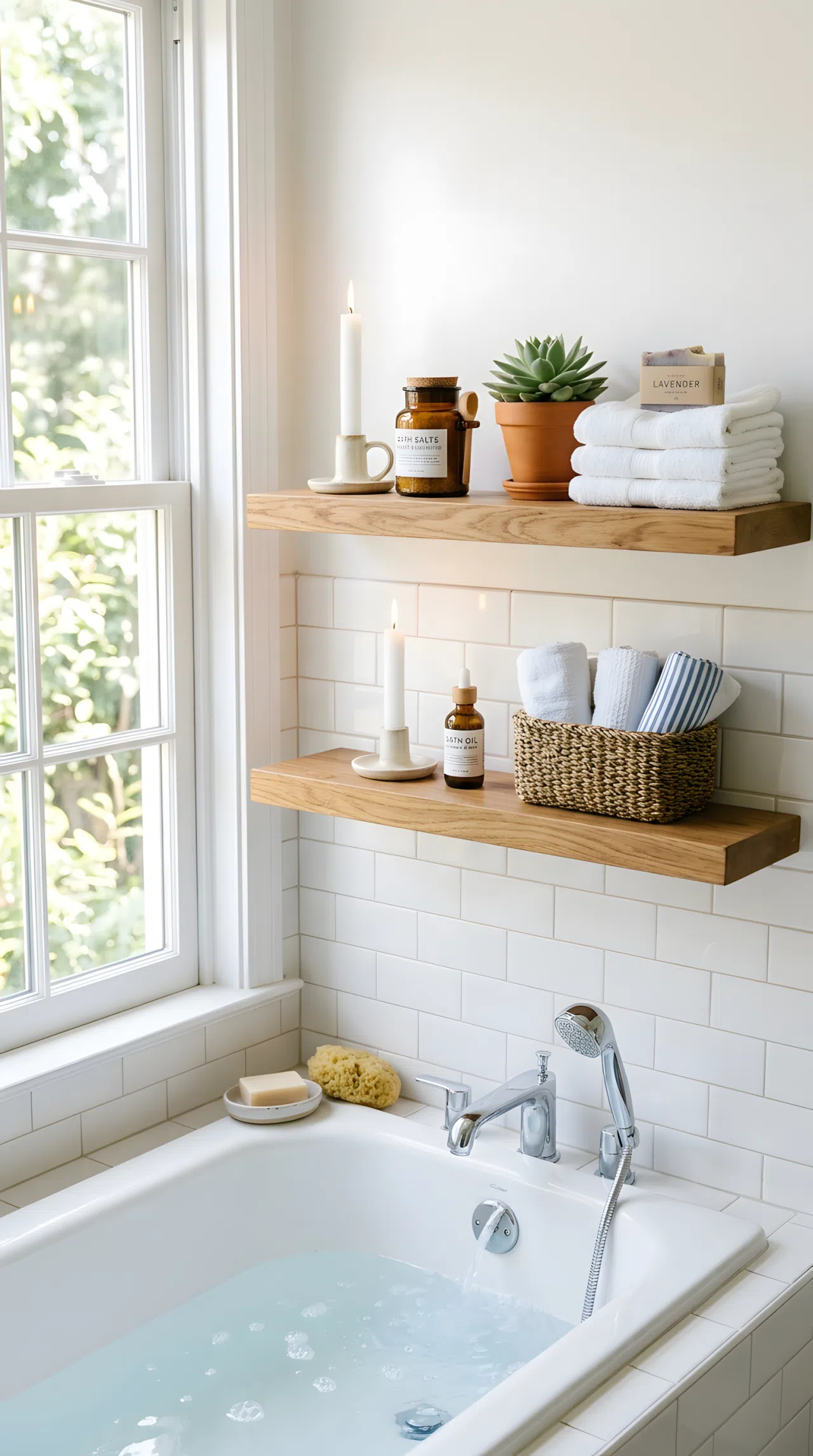 Two floating wood shelves mounted above a bathtub, styled with candles, folded washcloths, and a small bottle of bath salts, beautifully arranged, organized, clean, bright natural light, real-life photography, vibrant colors.