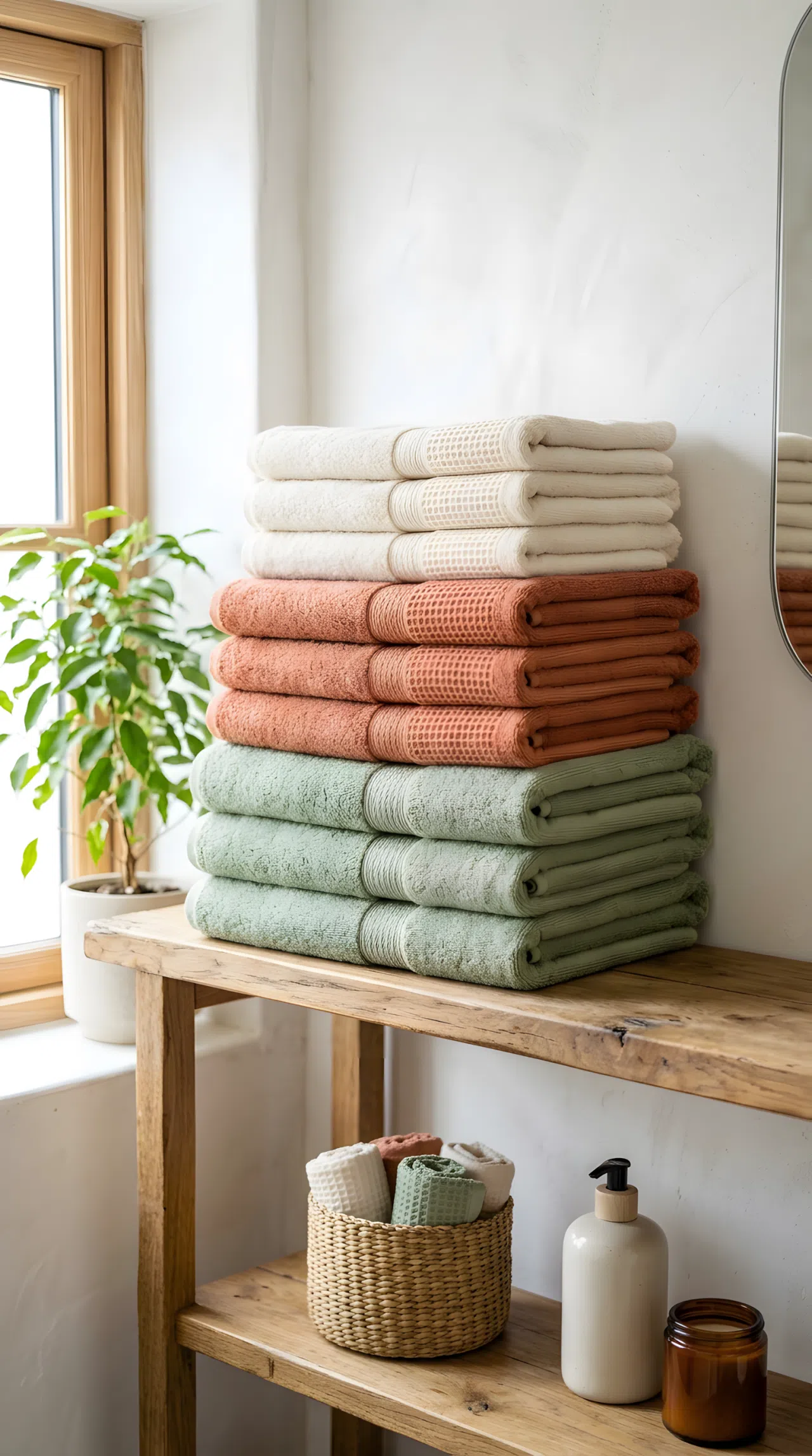 A neatly folded stack of towels in soft coordinating colors, sage green (RGB 156,175,136), warm terracotta (RGB 204,120,92), and cream (RGB 245,238,224), arranged on an open shelf, beautifully organized, clean, bright natural light, real-life photography, vibrant colors.