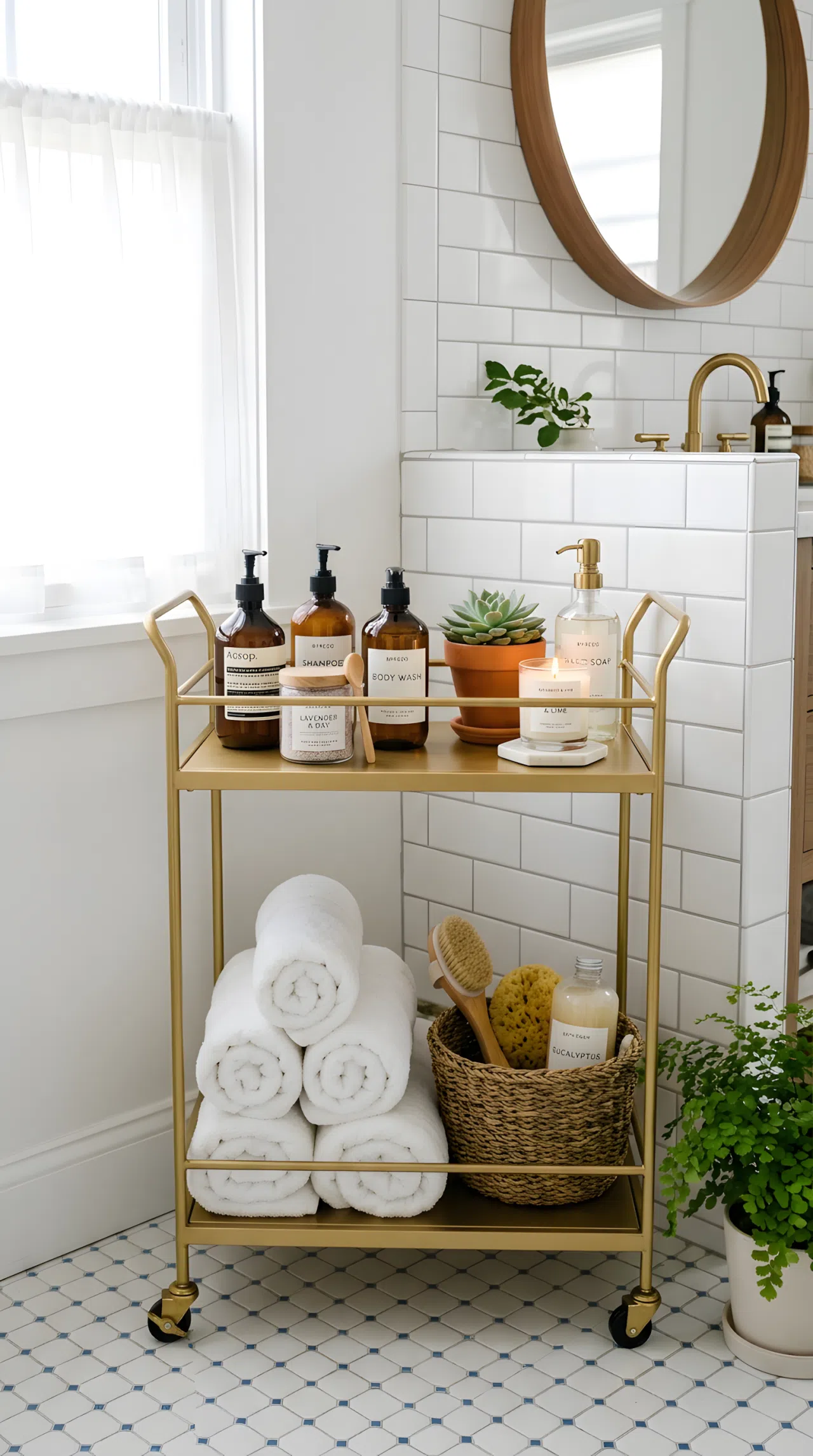 A small two-tier metal bar cart in a bathroom corner, holding neatly arranged bath products and rolled towels, beautifully organized, clean, bright natural light, real-life photography, vibrant colors, Pinterest-ready.