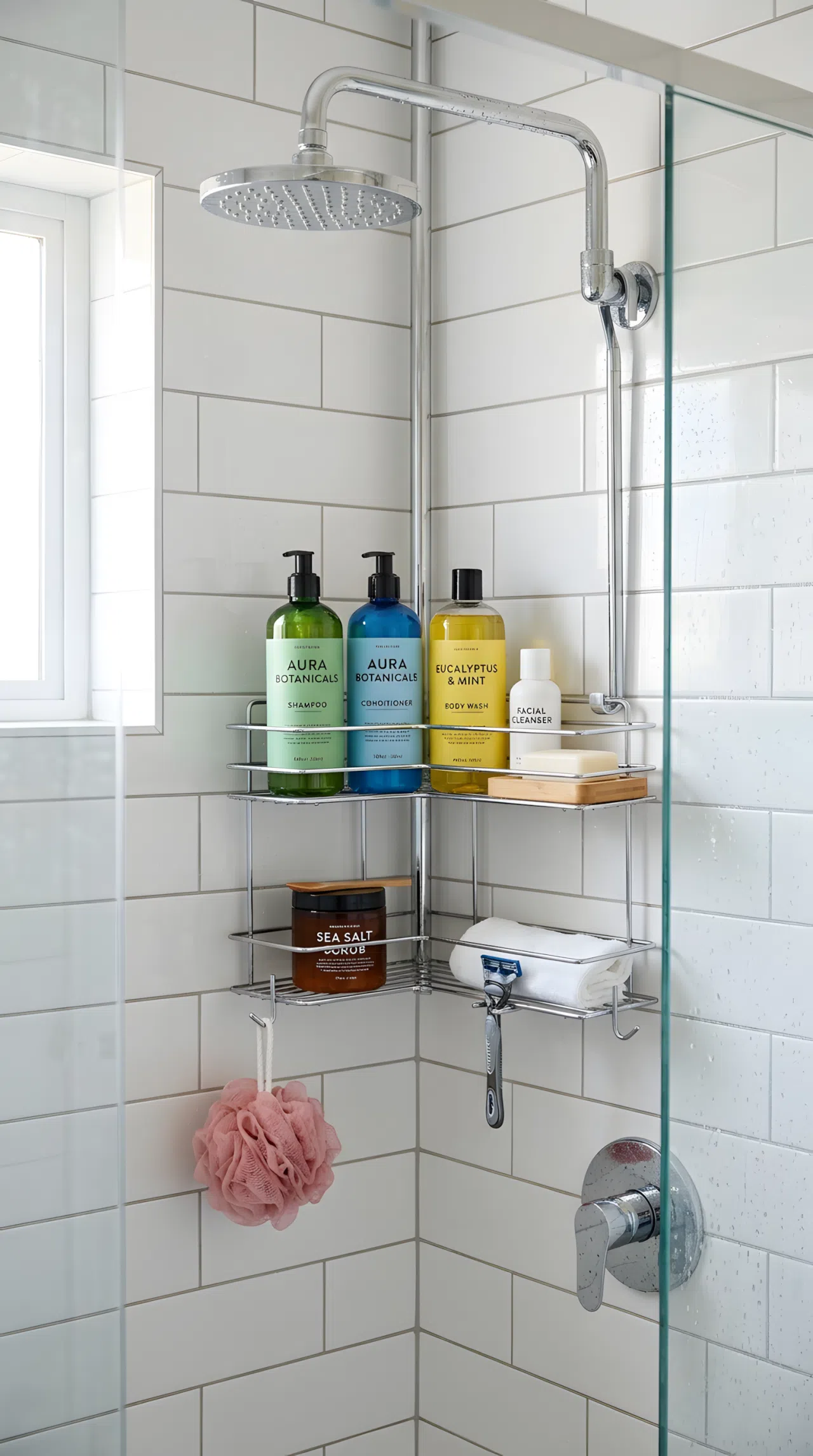 A corner shower caddy hanging from a showerhead, neatly holding shampoo, conditioner, and body wash bottles, organized, clean, beautifully arranged, bright natural light, real-life photography, vibrant colors.