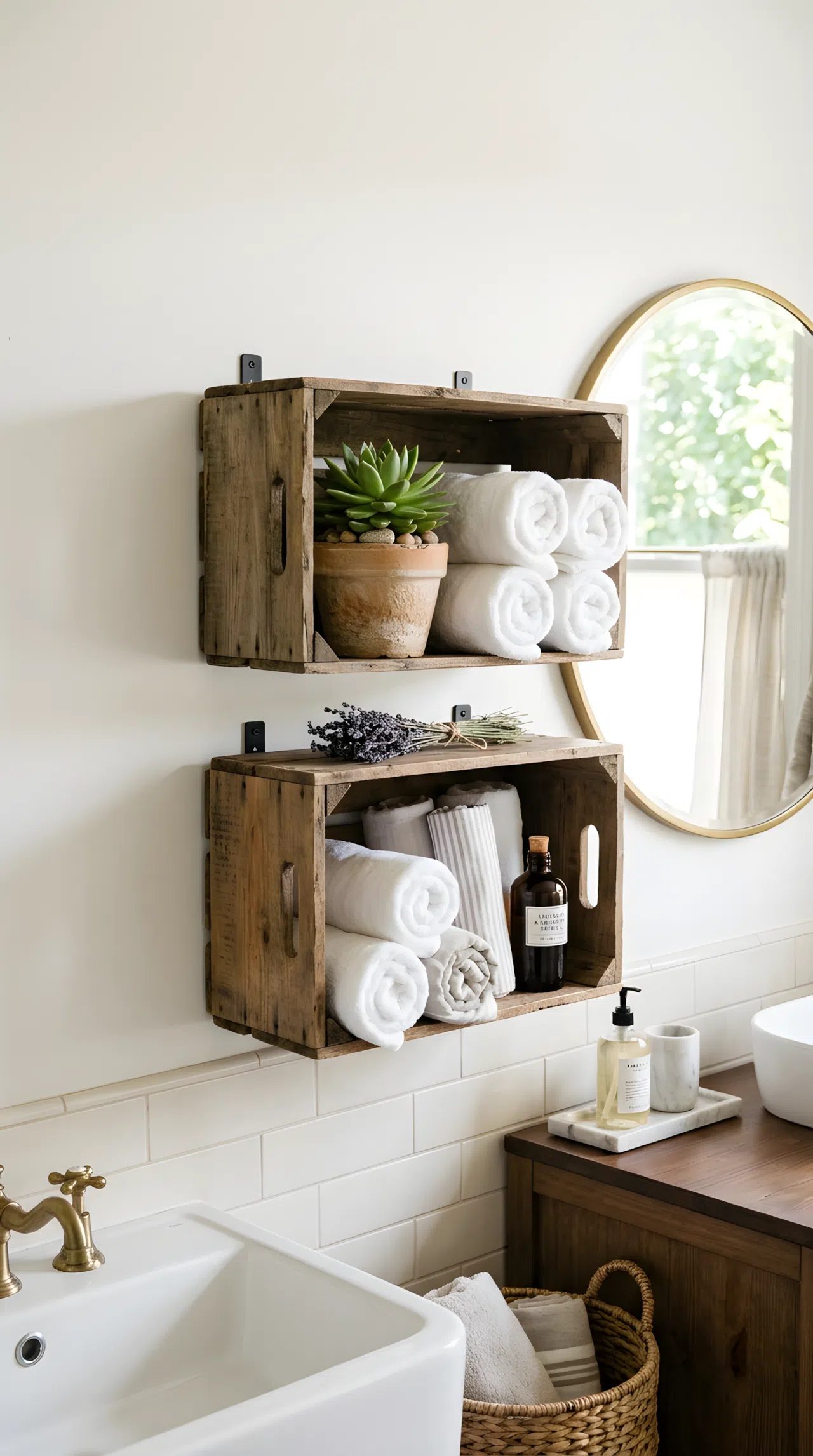 Two rustic wood crates mounted on a bathroom wall, holding neatly rolled towels and a small potted plant, beautifully arranged, organized, clean, bright natural light, real-life photography, vibrant colors.