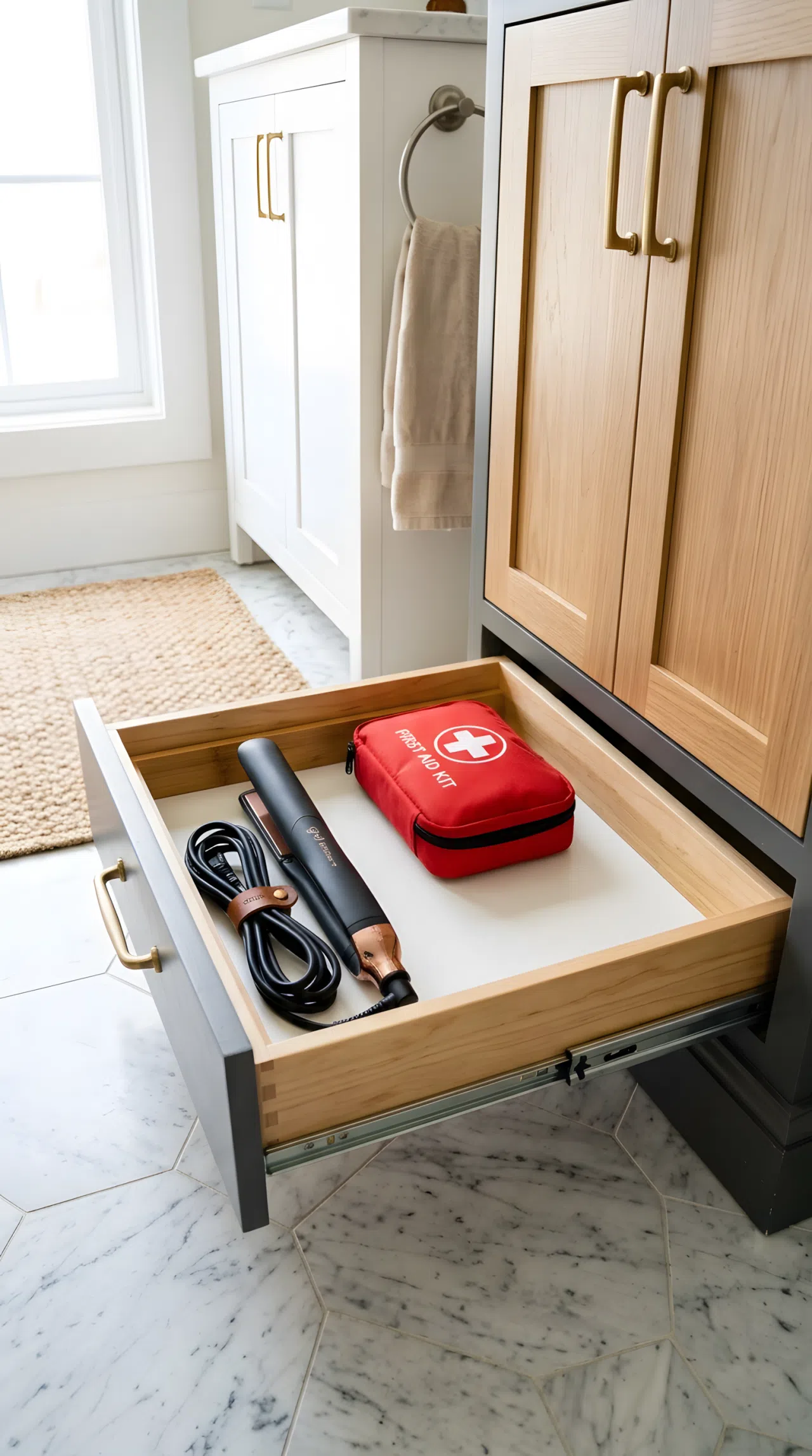 A slim toe-kick drawer pulled open beneath a bathroom vanity, neatly holding a hair straightener and small first-aid kit, organized, clean, beautifully arranged, bright natural light, real-life photography, vibrant colors.