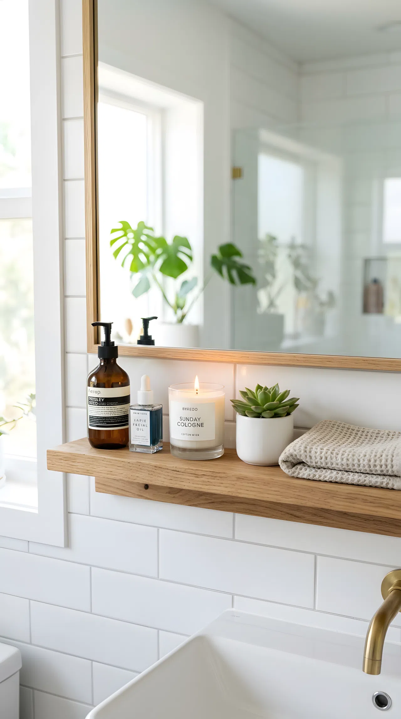 A single floating wood shelf mounted under a bathroom mirror, styled with a few skincare bottles and a small candle, beautifully arranged, organized, clean, bright natural light, real-life photography, vibrant colors.