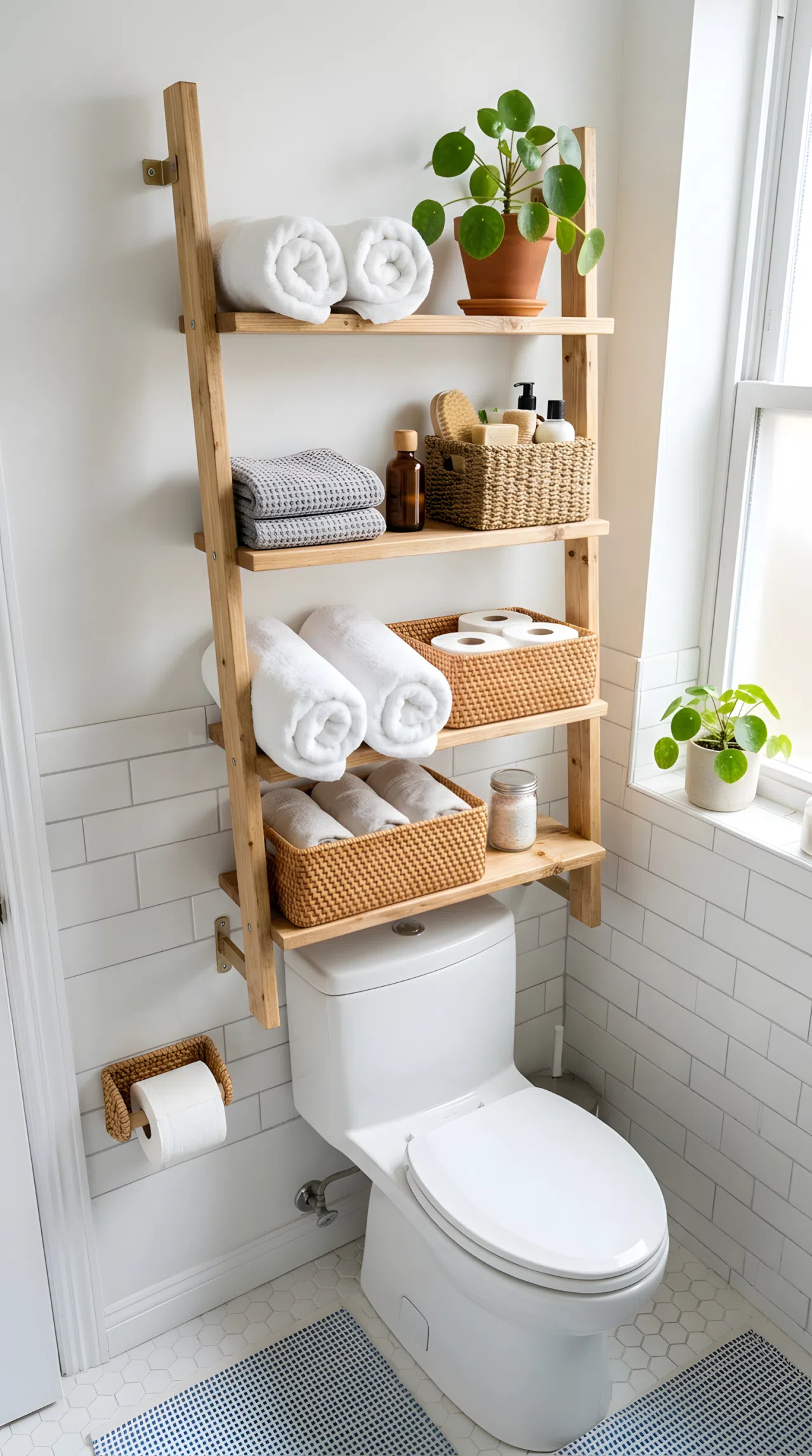 A slim wooden ladder shelf mounted above a toilet in a small bathroom, holding woven baskets, rolled towels, and a small plant, neatly made, organized, beautifully arranged, bright natural light, real-life photography, vibrant colors.