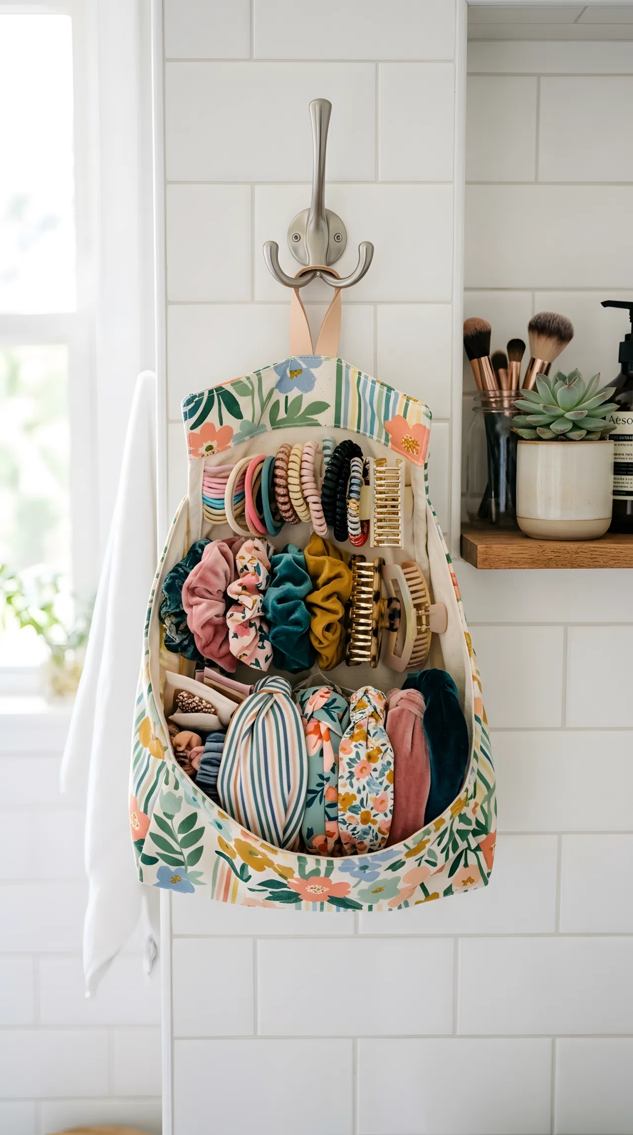 A soft fabric hanging pouch on a bathroom wall hook, filled with hair ties, clips, and headbands, neatly arranged, organized, clean, bright natural light, real-life photography, vibrant colors.