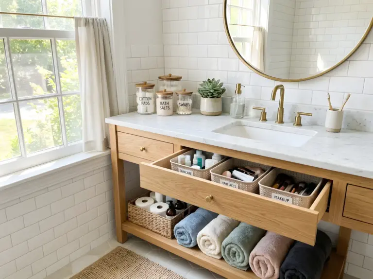 A bright, airy bathroom vanity area styled for Pinterest, featuring neatly organized glass apothecary jars, rolled towels in soft coordinating colors, a small potted plant, and labeled storage bins peeking out from an open drawer, everything beautifully arranged and clutter-free. The scene feels real-life and lived-in but impeccably tidy, neatly made, organized, clean, with bright natural light streaming in from a nearby window, casting soft warm highlights across the countertop. Vibrant, true-to-life colors, shot in a realistic stock-photography style, not a 3D render or illustration, wide shot suitable for a blog header image.