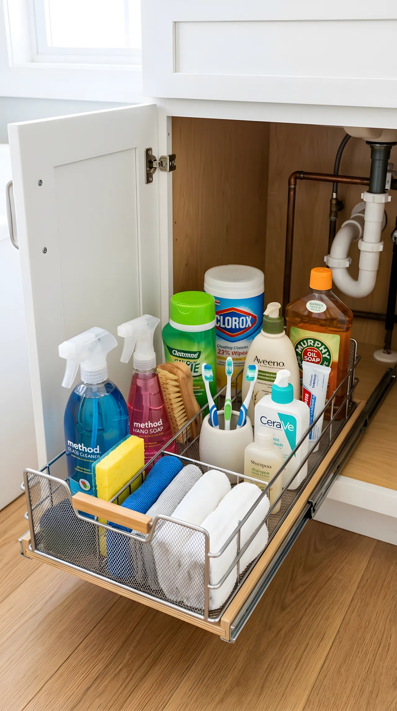 Close-up of an open under-sink bathroom cabinet with a pull-out drawer organizer neatly holding cleaning supplies and toiletries, organized, clean, beautifully arranged, bright natural light, real-life photography, vibrant colors.
