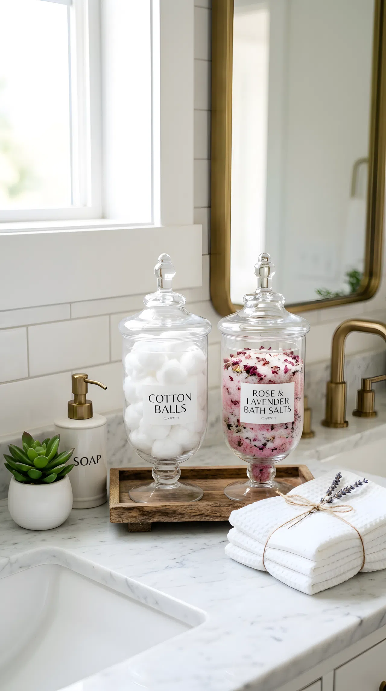 A bathroom vanity countertop with matching glass apothecary jars filled with cotton balls and bath salts, neatly arranged, beautifully organized, clean, bright natural light, real-life photography, vibrant colors, Pinterest-ready styling.