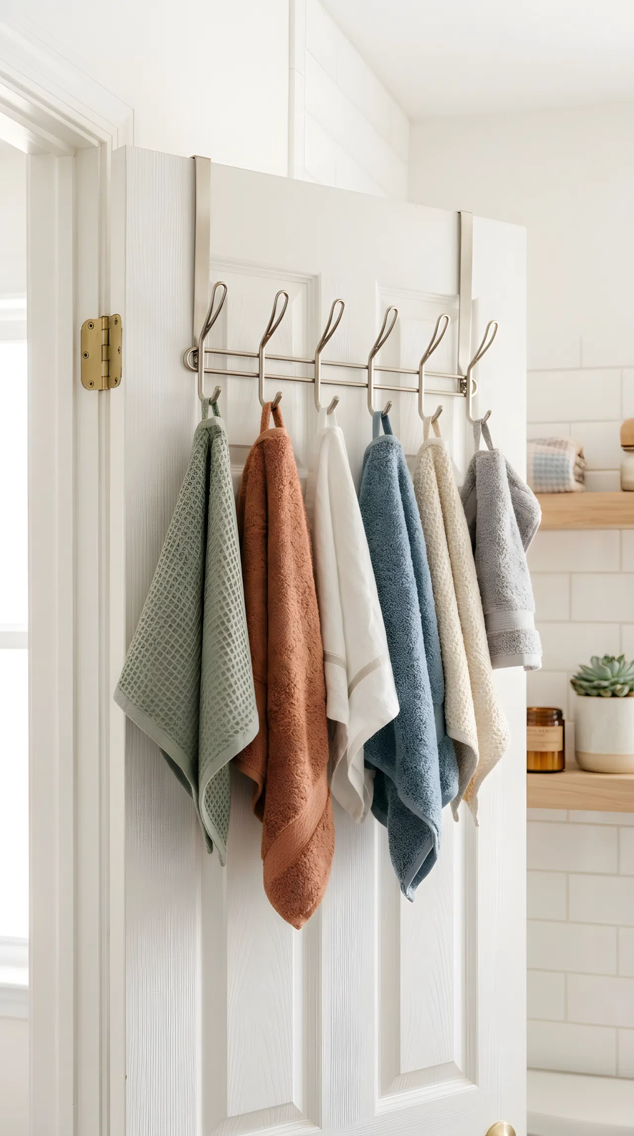 Close-up of an over-the-door hook rack mounted on a bathroom door, holding neatly folded and rolled towels in soft coordinating colors, beautifully arranged, organized, clean, bright natural light, real-life photography, vibrant colors.