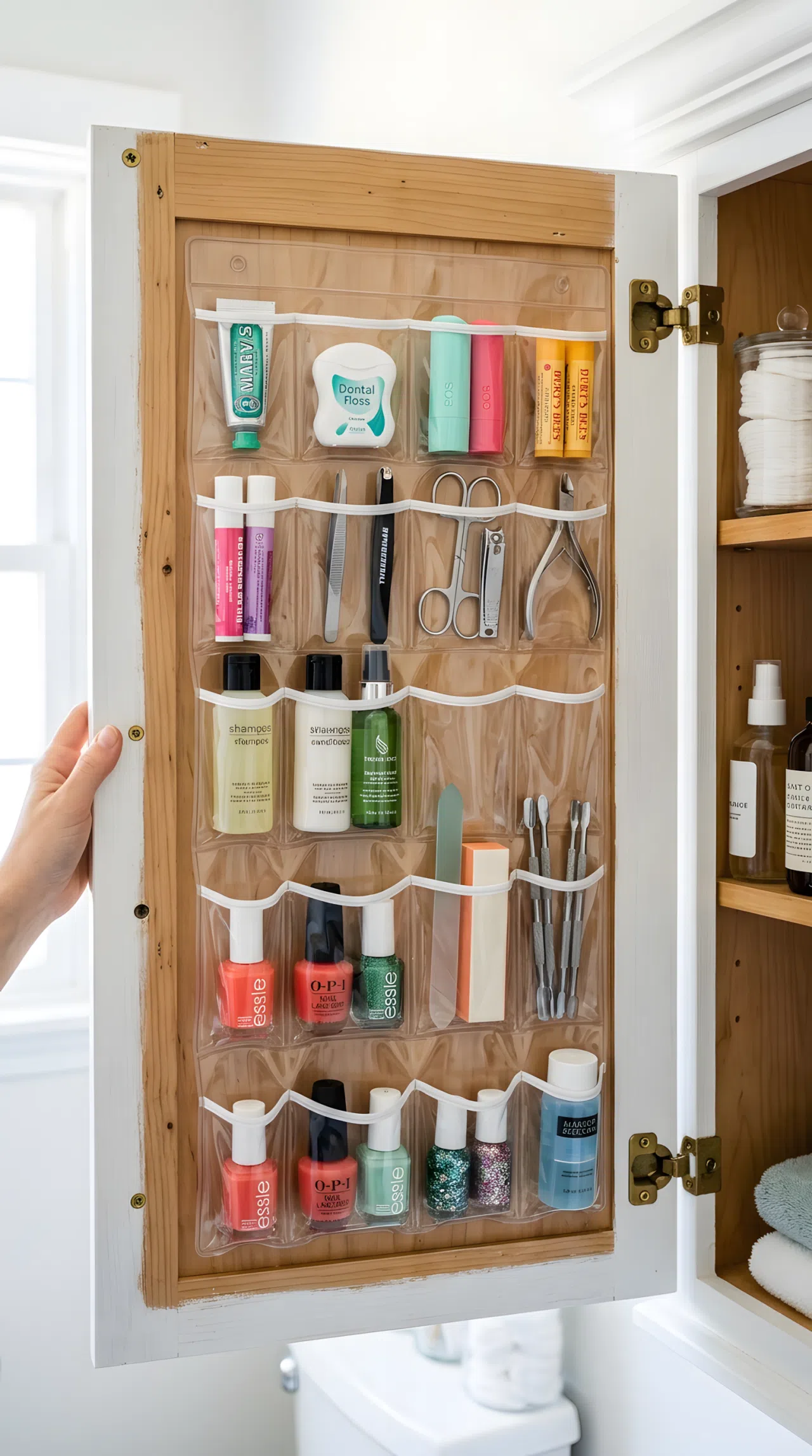 Inside view of a bathroom cabinet door fitted with a clear adhesive pocket organizer holding small toiletries and nail tools, neatly organized, clean, beautifully arranged, bright natural light, real-life photography, vibrant colors.